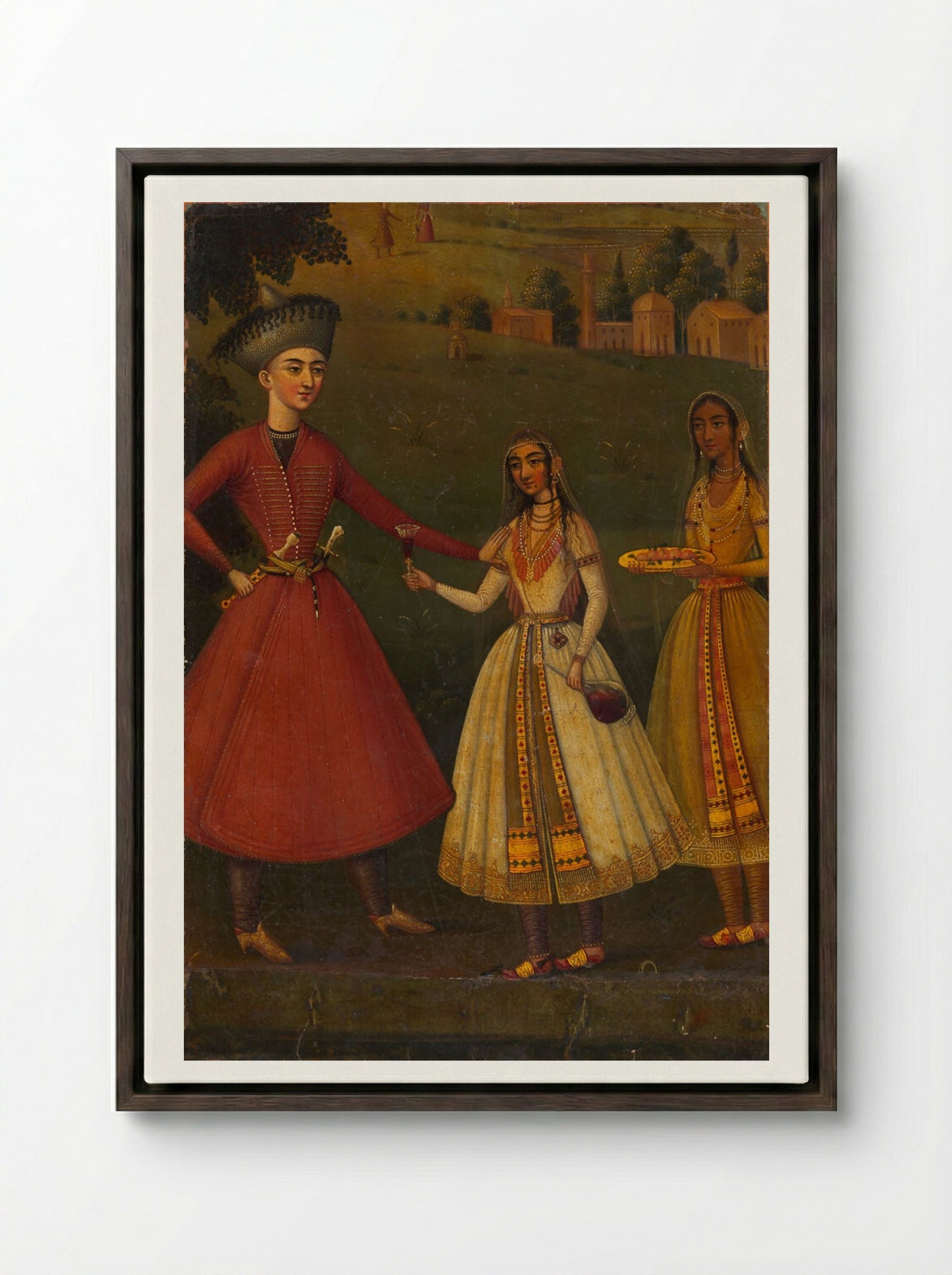 Courtier Refusing Wine from Indian Courtesans - Unknown Artist - Framed Canvas Dark Wood