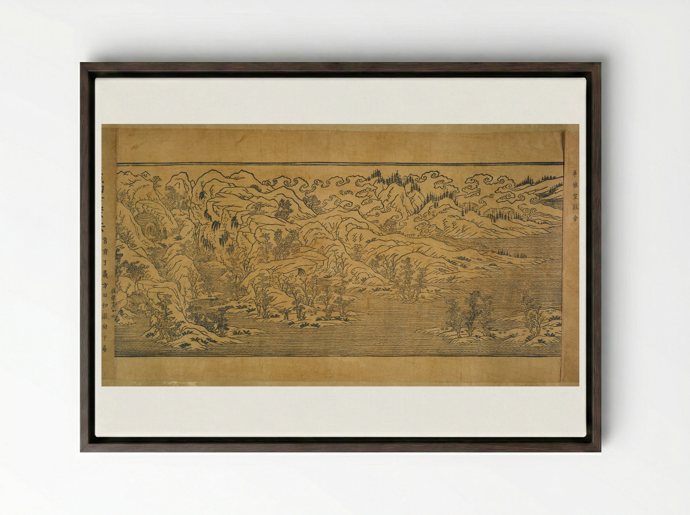 Landscape Illustrations and Fragmentary Text from Chapter Thirteen of the Imperial Commentary on the Buddhist Canon (Tripitaka) - Unknown Artist - Framed Canvas Dark Wood