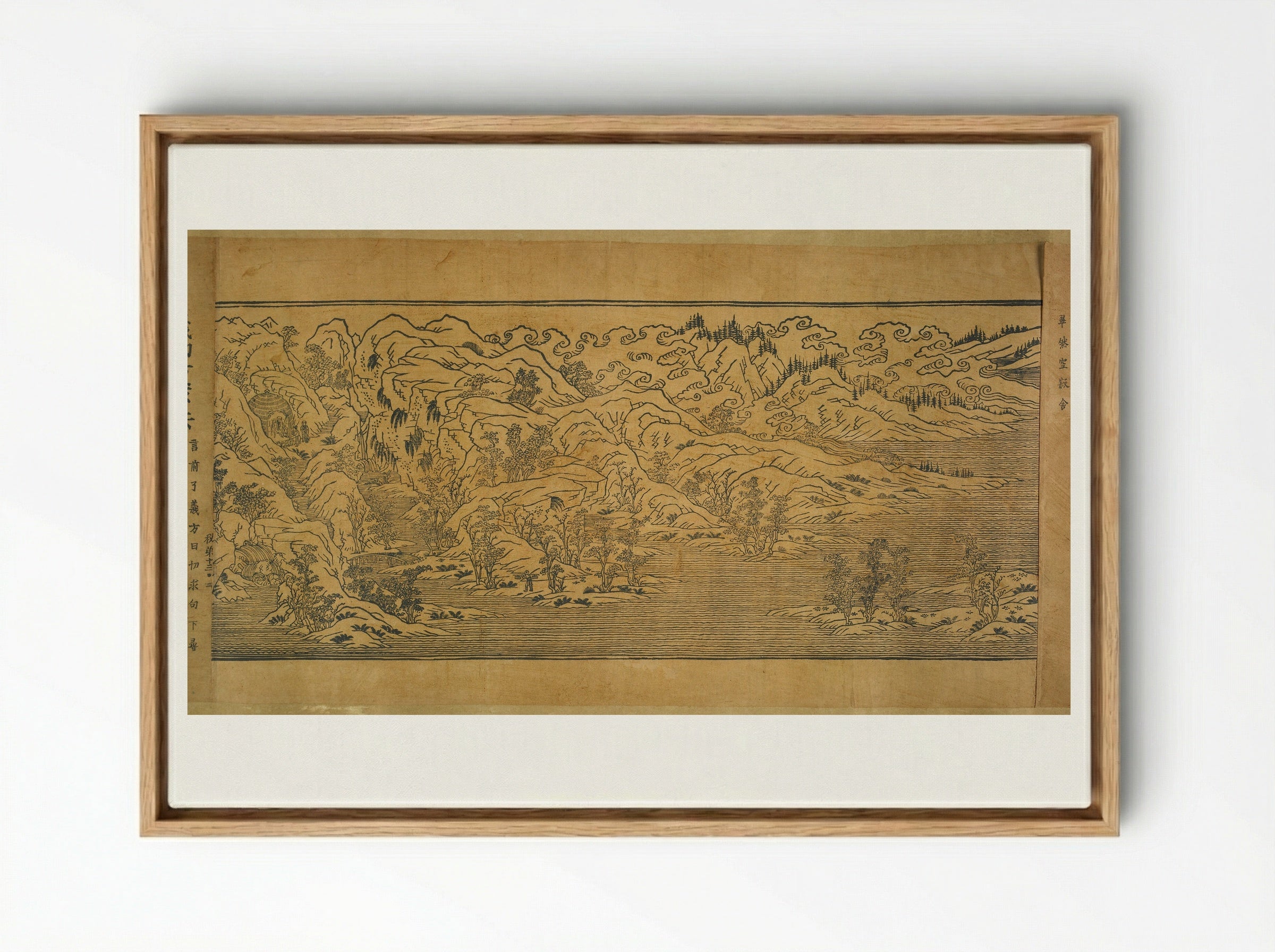 Landscape Illustrations and Fragmentary Text from Chapter Thirteen of the Imperial Commentary on the Buddhist Canon (Tripitaka) - Unknown Artist - Framed Canvas Wood