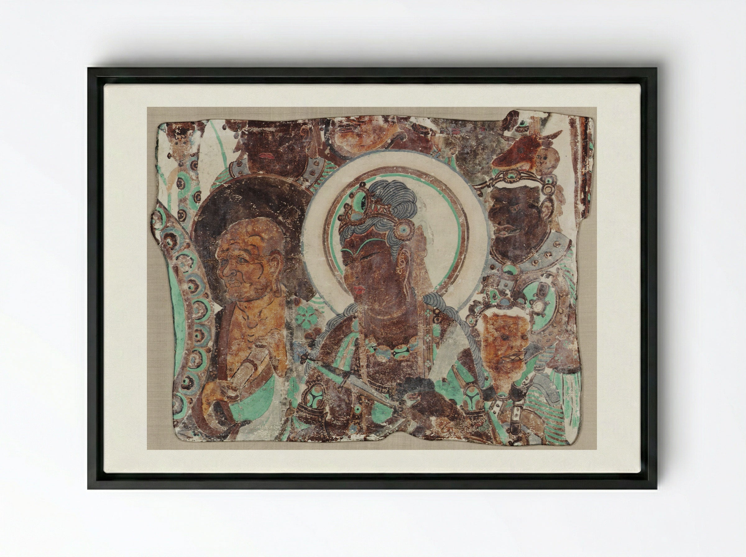 Bodhisattva Surrounded by a Monk and Devas - Unknown Artist - Framed Canvas Black