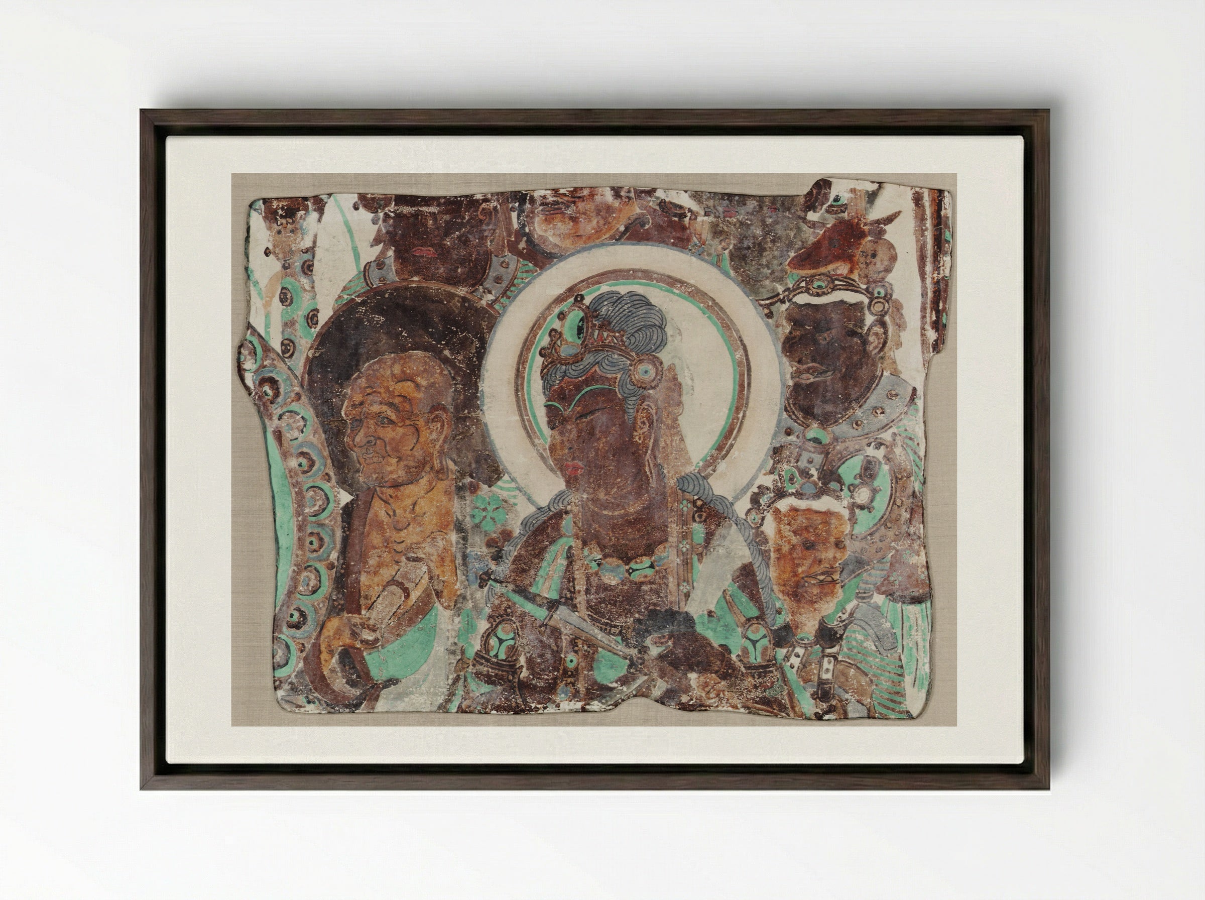 Bodhisattva Surrounded by a Monk and Devas - Unknown Artist - Framed Canvas Dark Wood