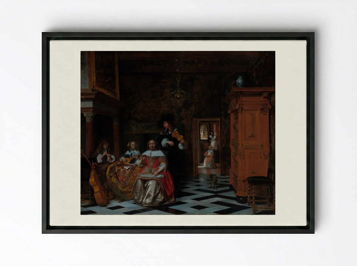 Portrait of a Family Playing Music - Pieter de Hooch - Framed Canvas Black