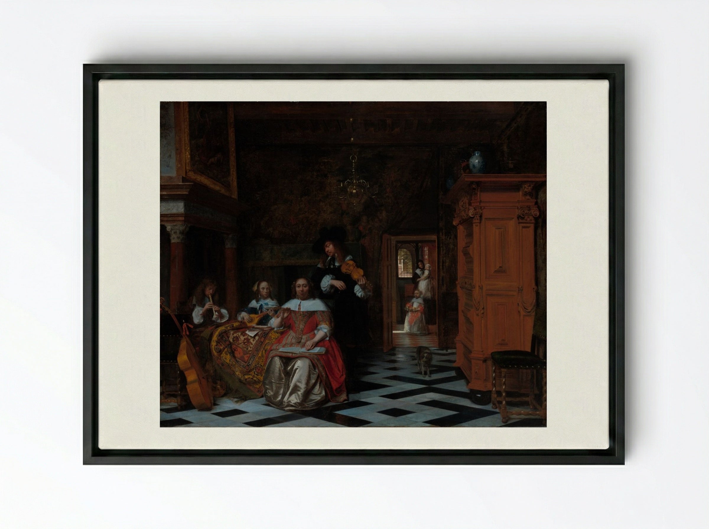 Portrait of a Family Playing Music - Pieter de Hooch - Framed Canvas Black