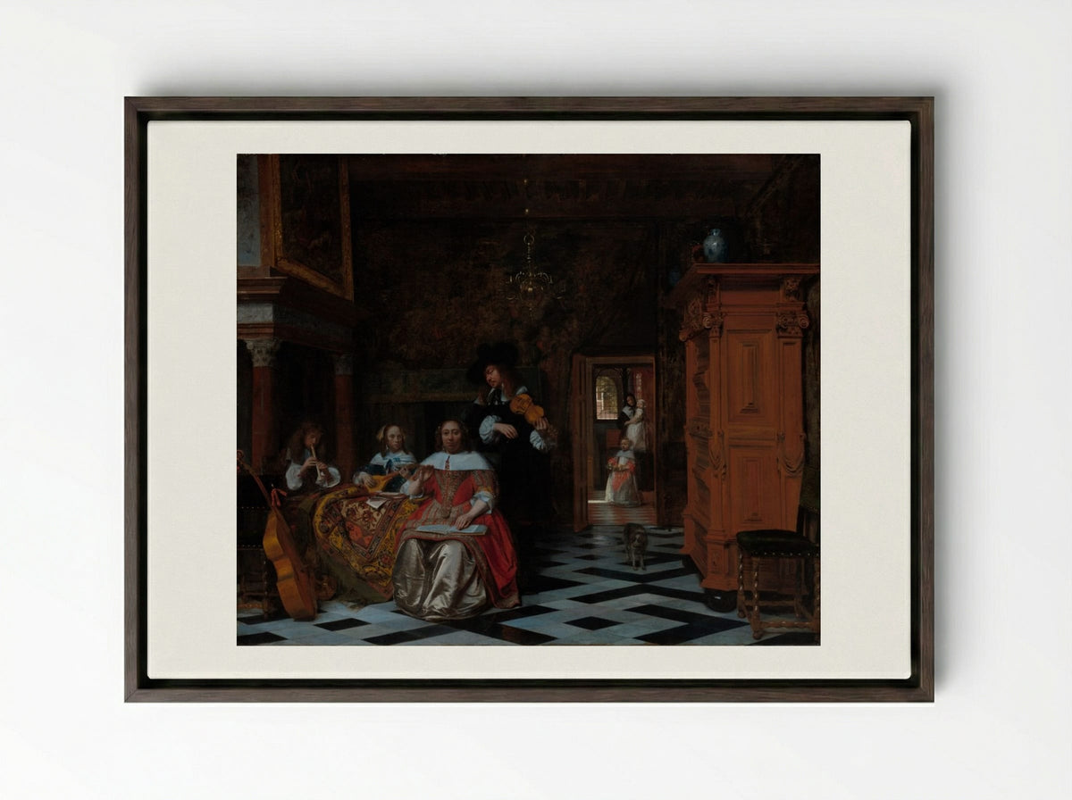Portrait of a Family Playing Music - Pieter de Hooch - Framed Canvas Dark Wood