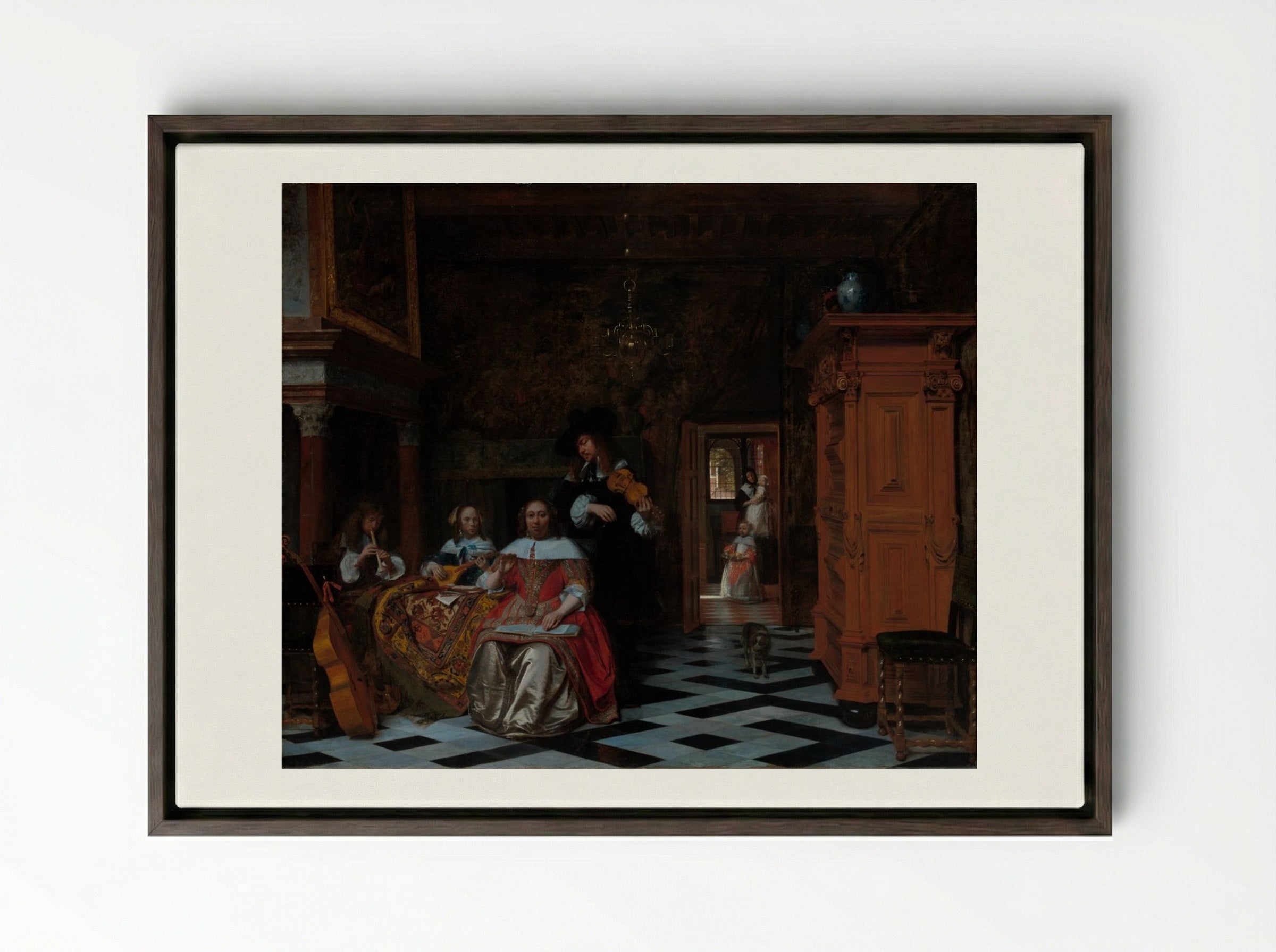 Portrait of a Family Playing Music - Pieter de Hooch - Framed Canvas Dark Wood