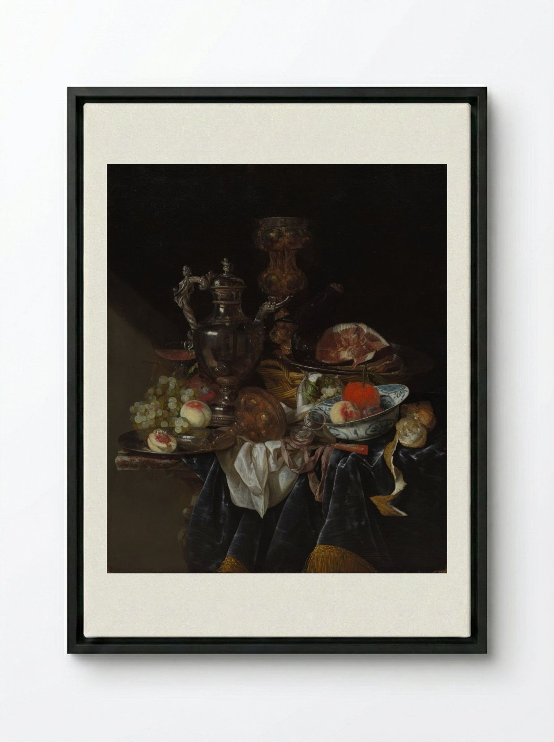 Silver Wine Jug, Ham, and Fruit - Abraham van Beyeren - Framed Canvas Black