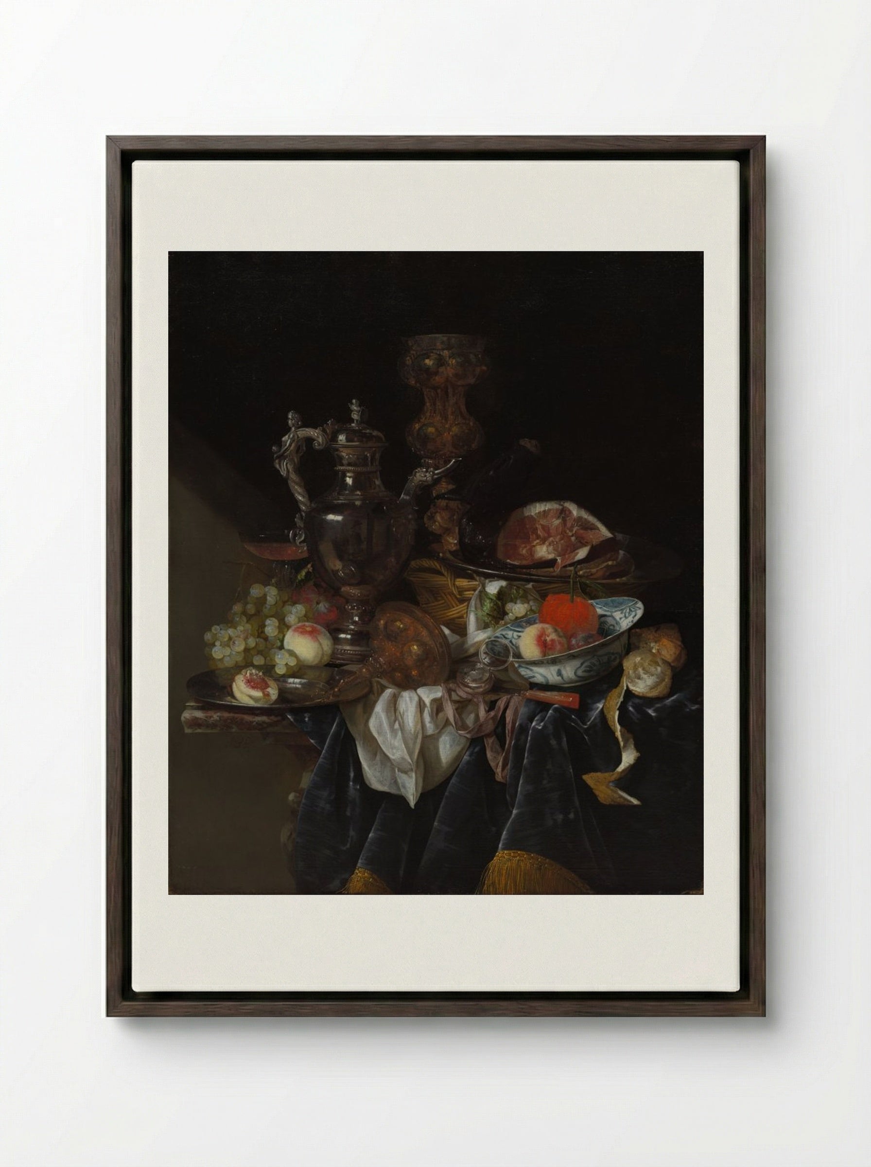 Silver Wine Jug, Ham, and Fruit - Abraham van Beyeren - Framed Canvas Dark Wood