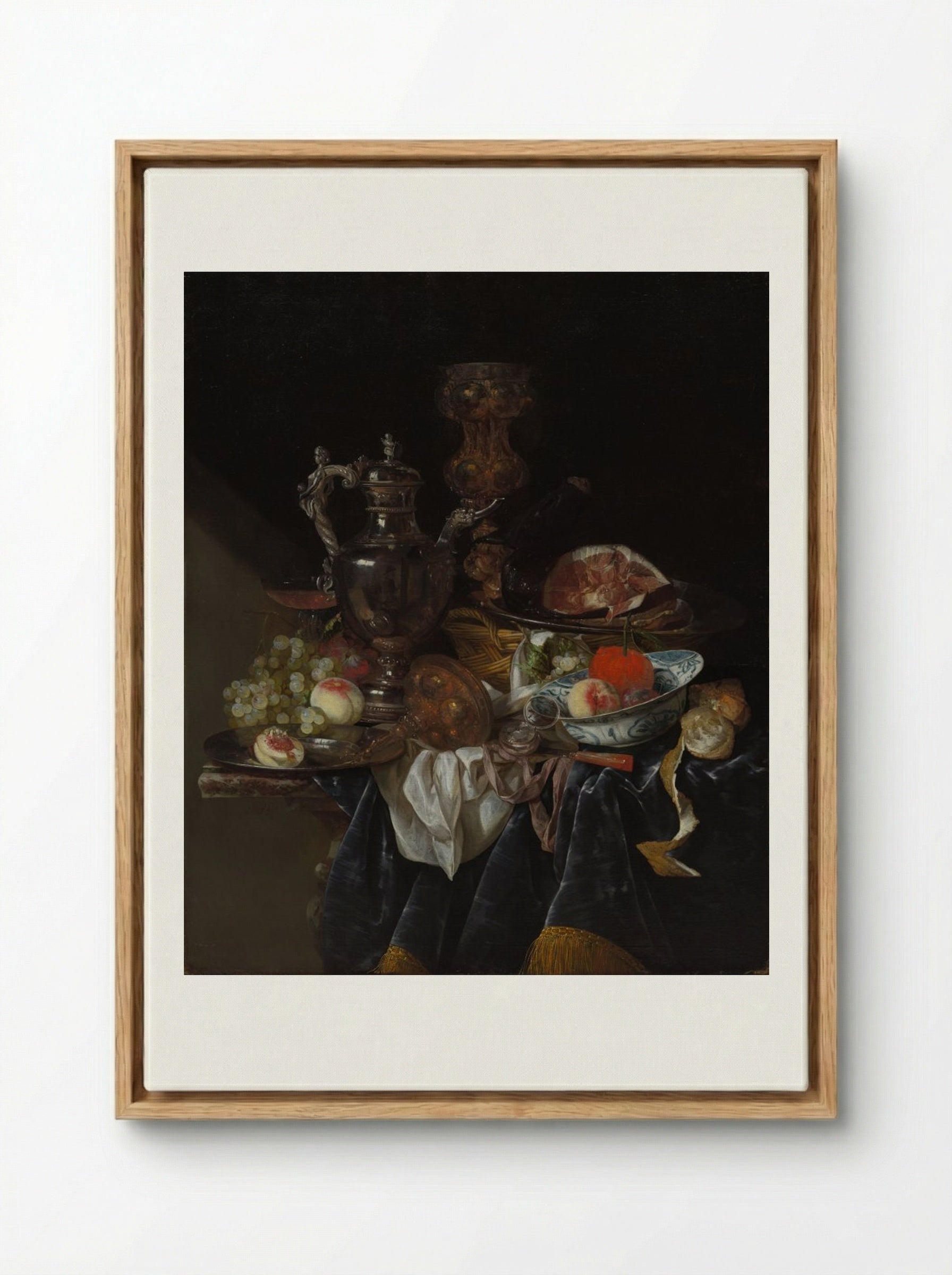 Silver Wine Jug, Ham, and Fruit - Abraham van Beyeren - Framed Canvas Wood