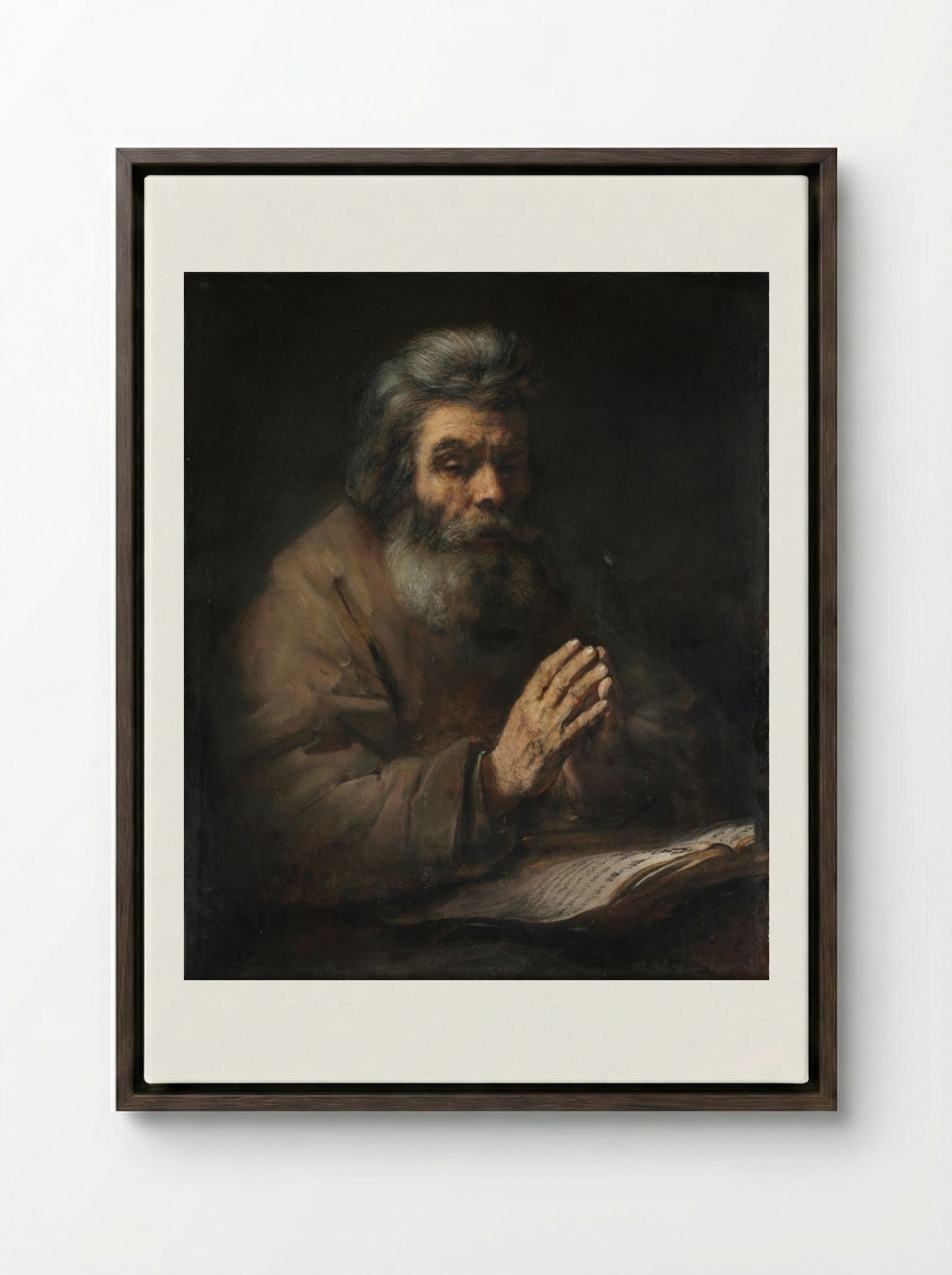 An Elderly Man in Prayer - Rembrandt van Rijn - Framed Canvas Dark Wood