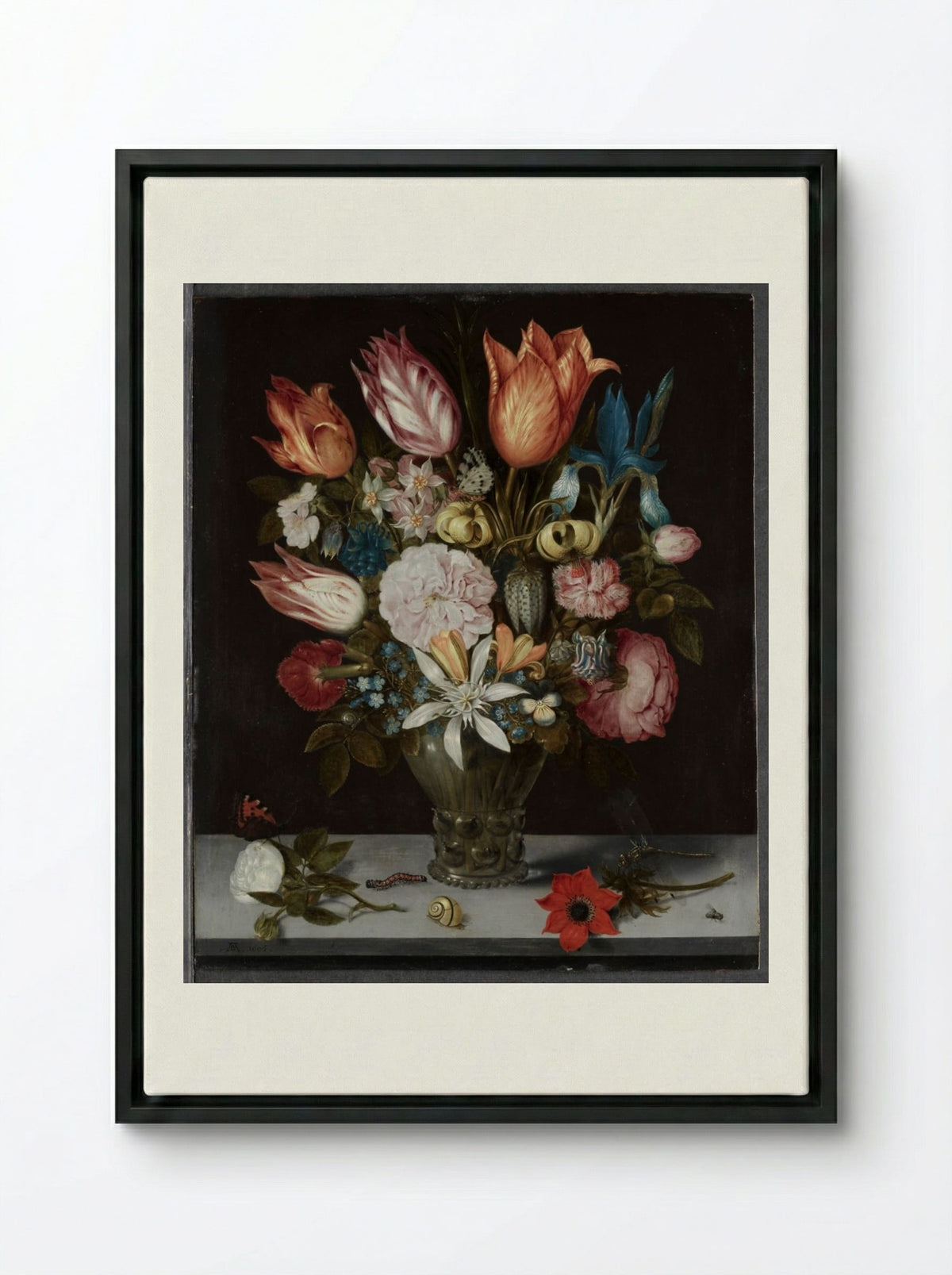 Flowers in a Glass - Ambrosius Bosschaert - Framed Canvas Black