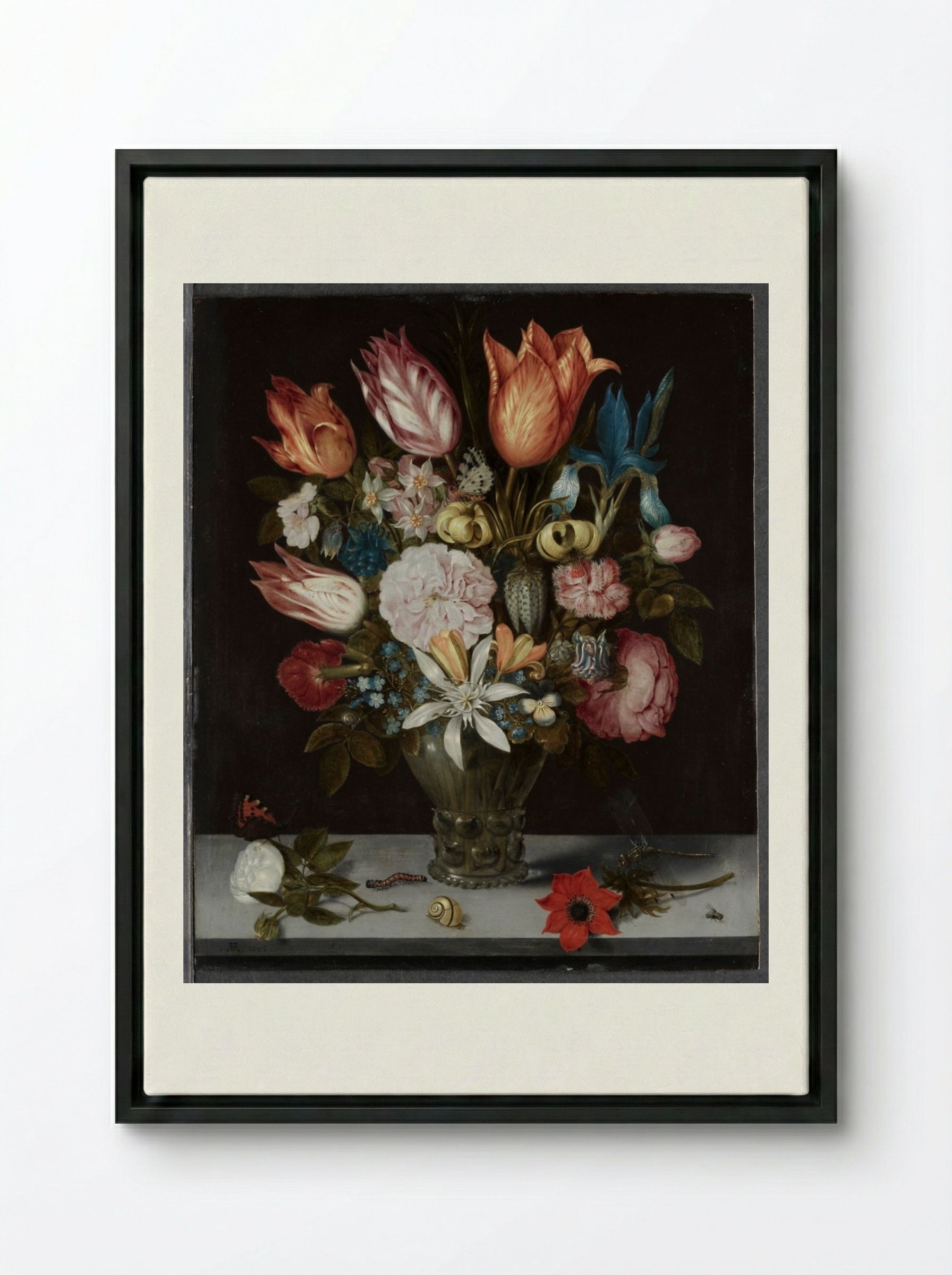 Flowers in a Glass - Ambrosius Bosschaert - Framed Canvas Black