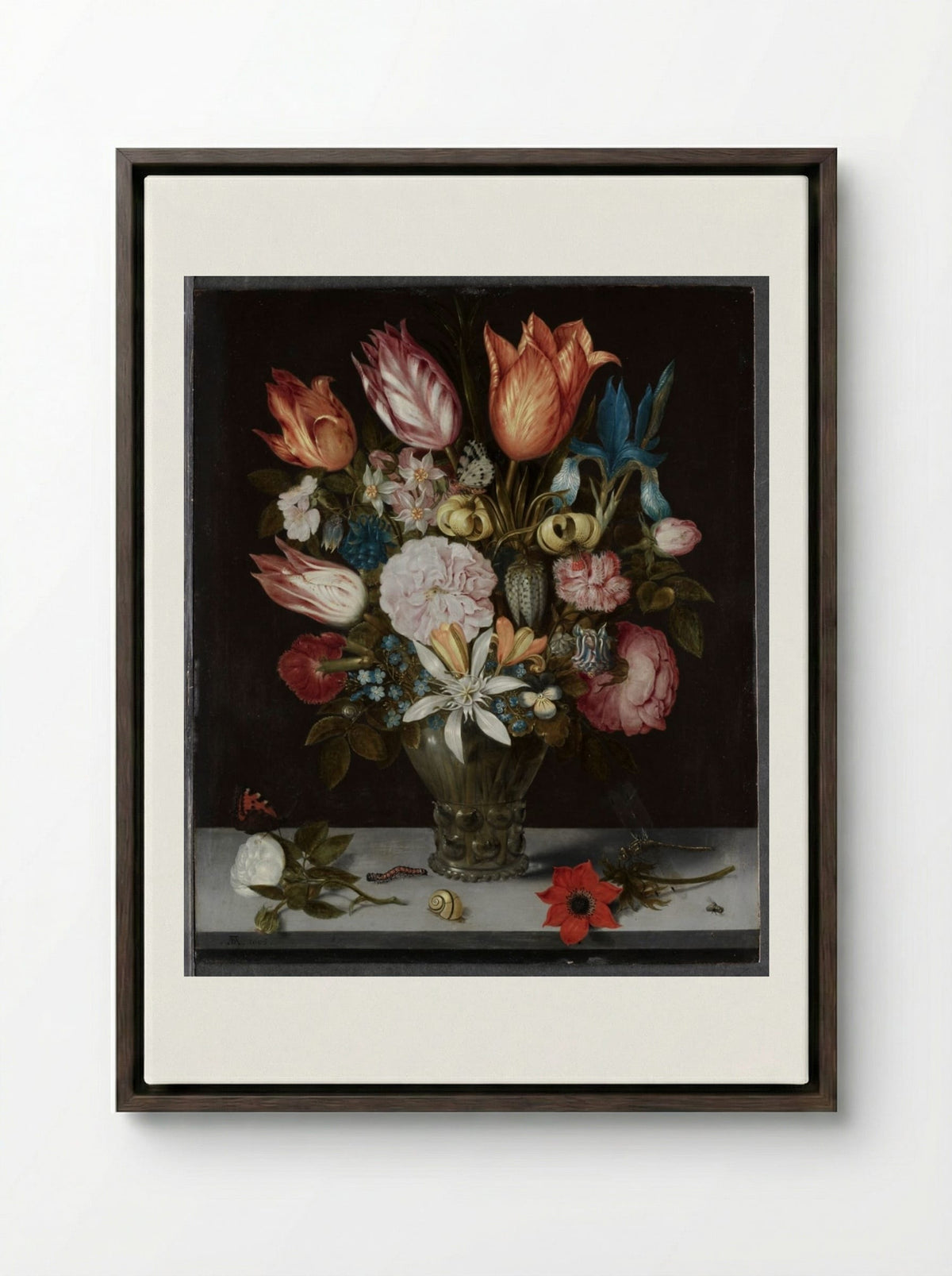 Flowers in a Glass - Ambrosius Bosschaert - Framed Canvas Dark Wood