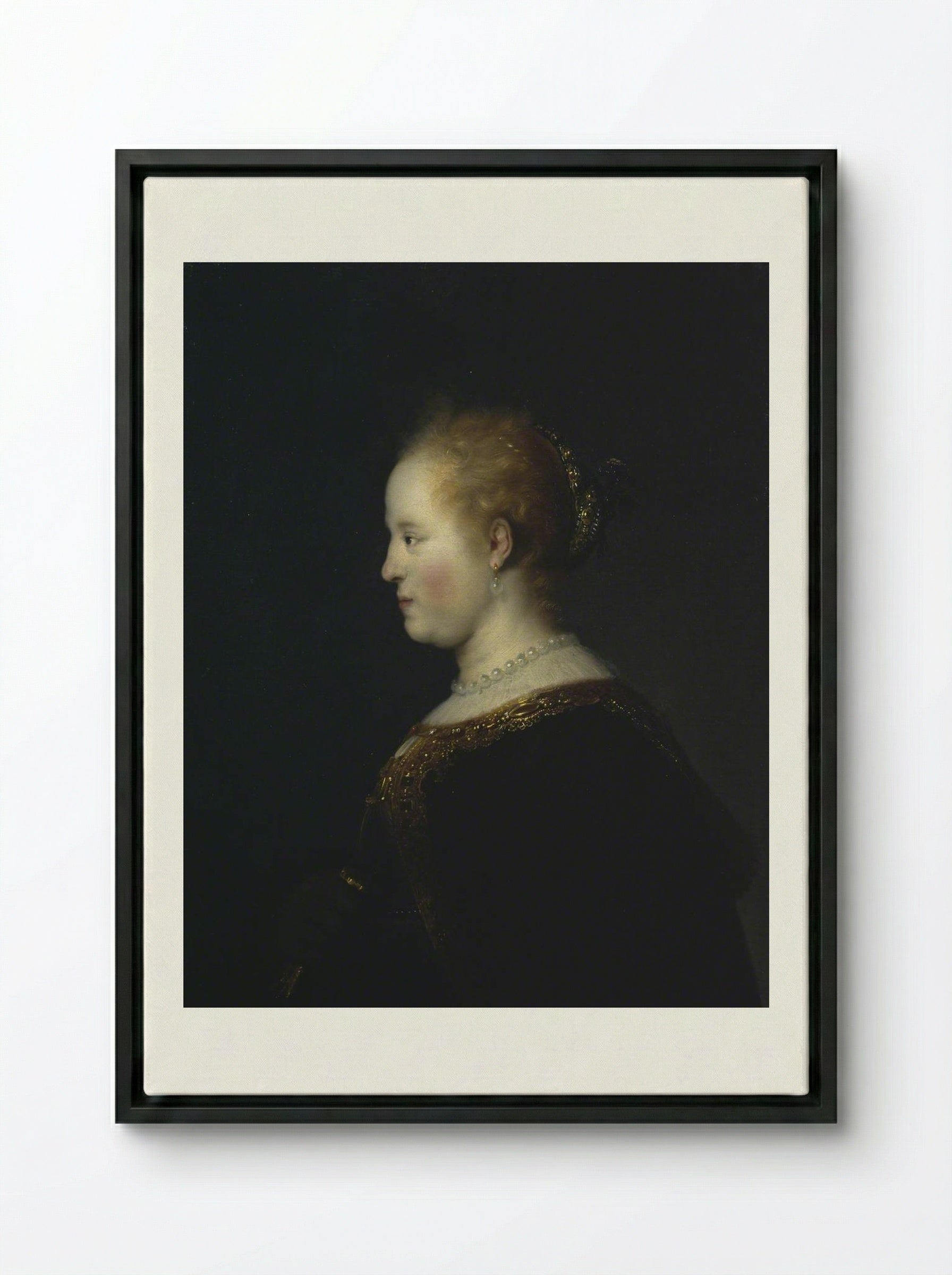 Portrait of a Woman - Rembrandt van Rijn - Framed Canvas Black
