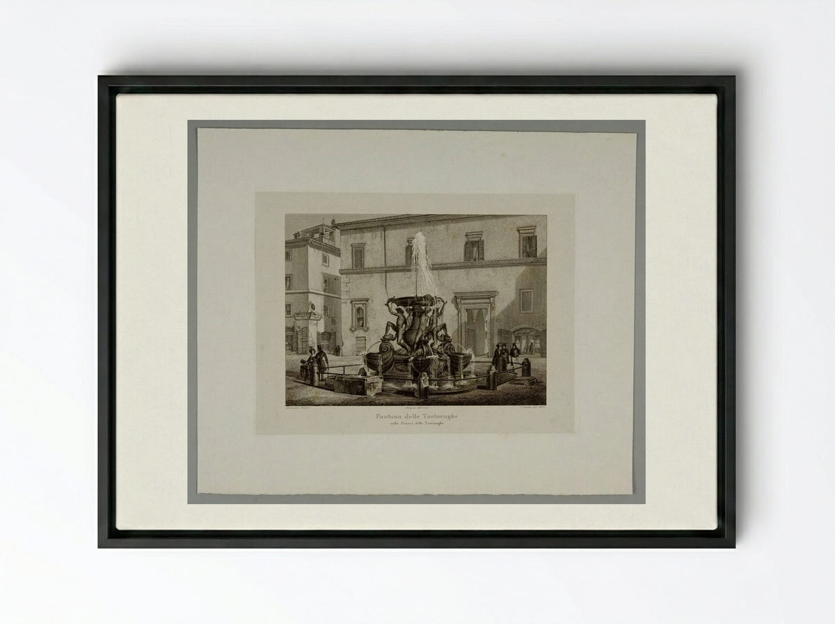 Fountain of the Tortoises in the Piazza of the Tortoises - Domenico Amici - Framed Canvas Black