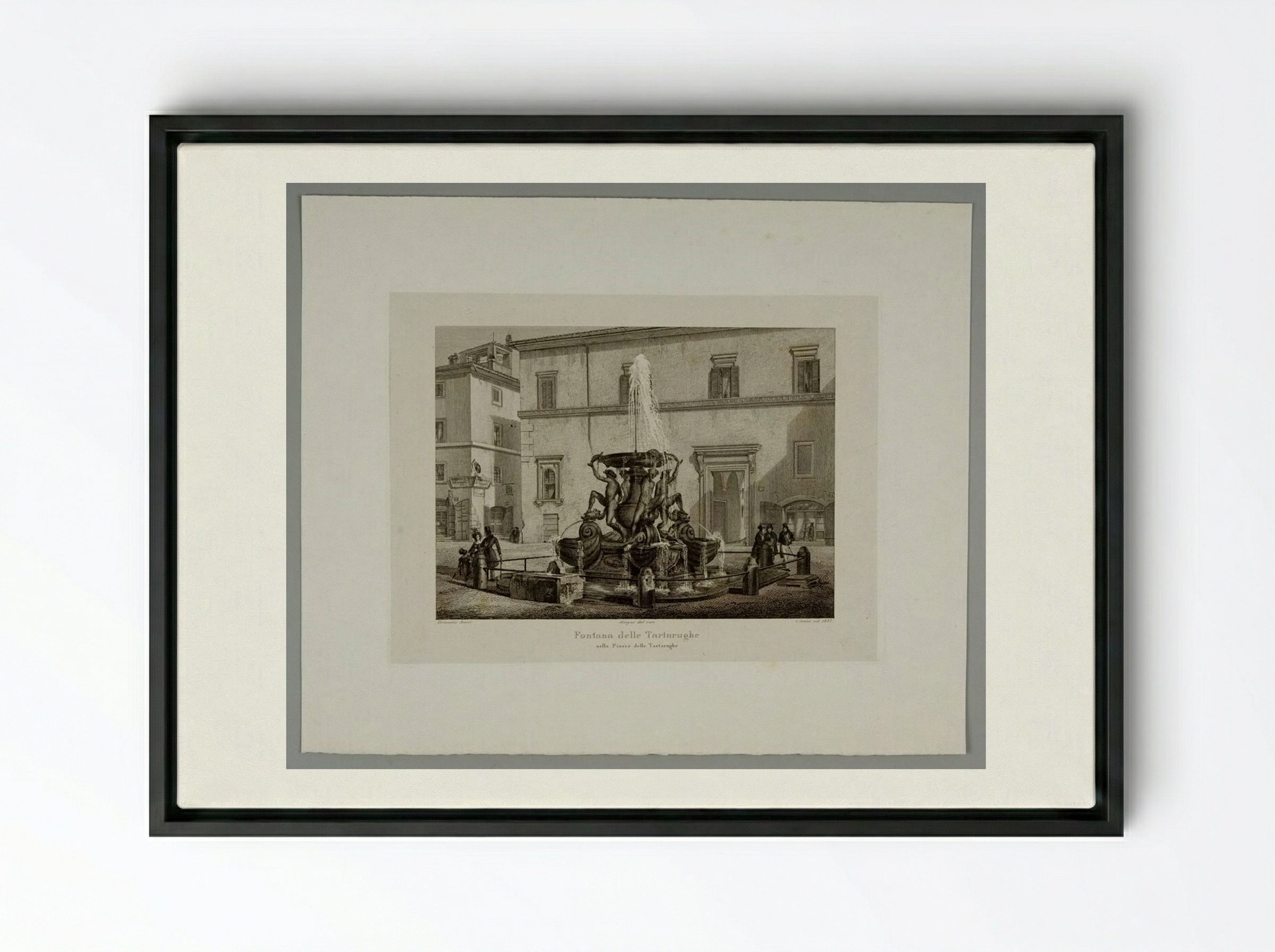 Fountain of the Tortoises in the Piazza of the Tortoises - Domenico Amici - Framed Canvas Black