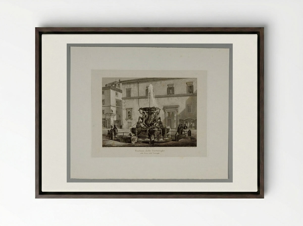 Fountain of the Tortoises in the Piazza of the Tortoises - Domenico Amici - Framed Canvas Dark Wood