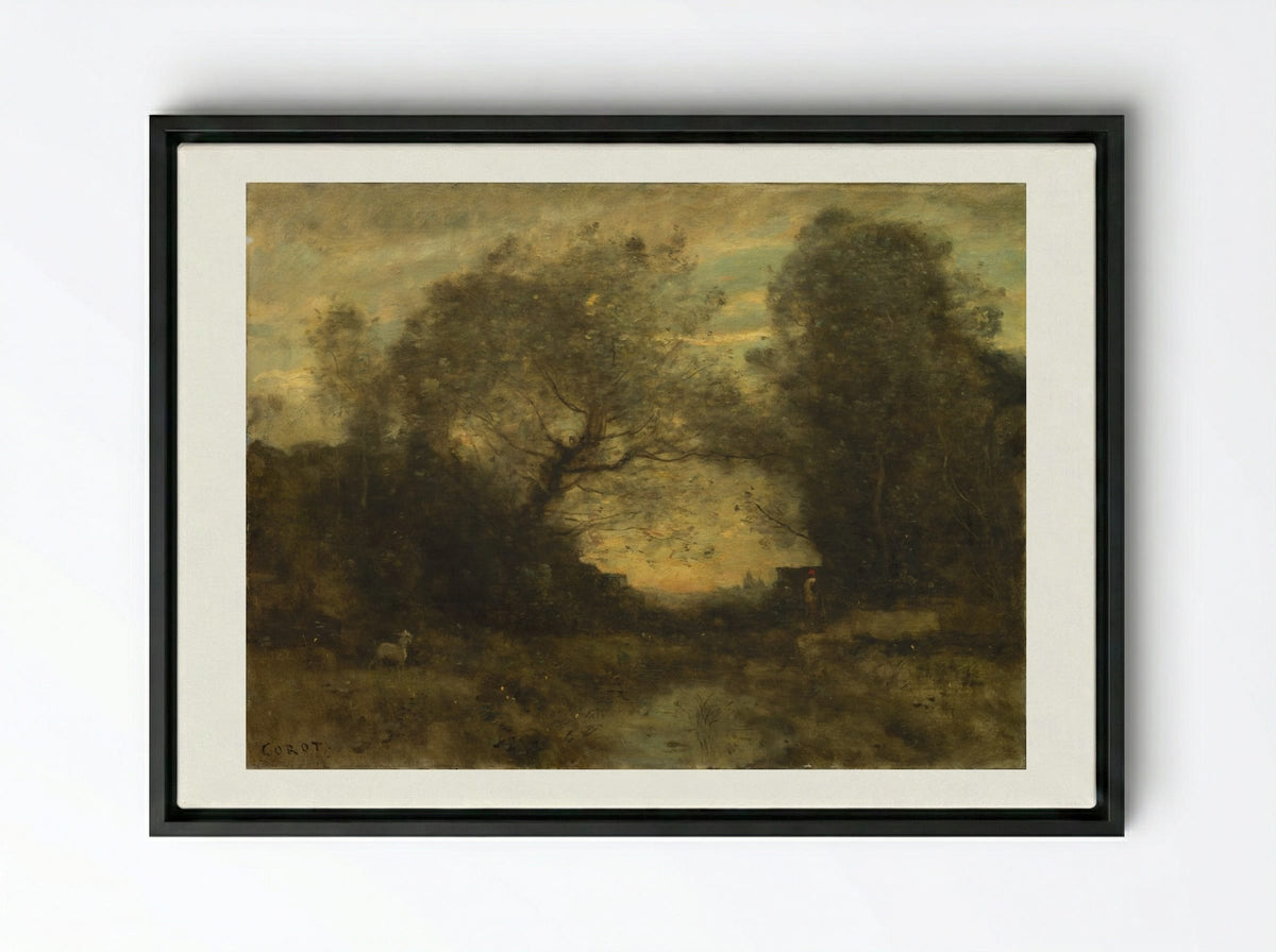 The Pond at the Entrance of the Woods - Jean-Baptiste-Camille Corot - Framed Canvas Black