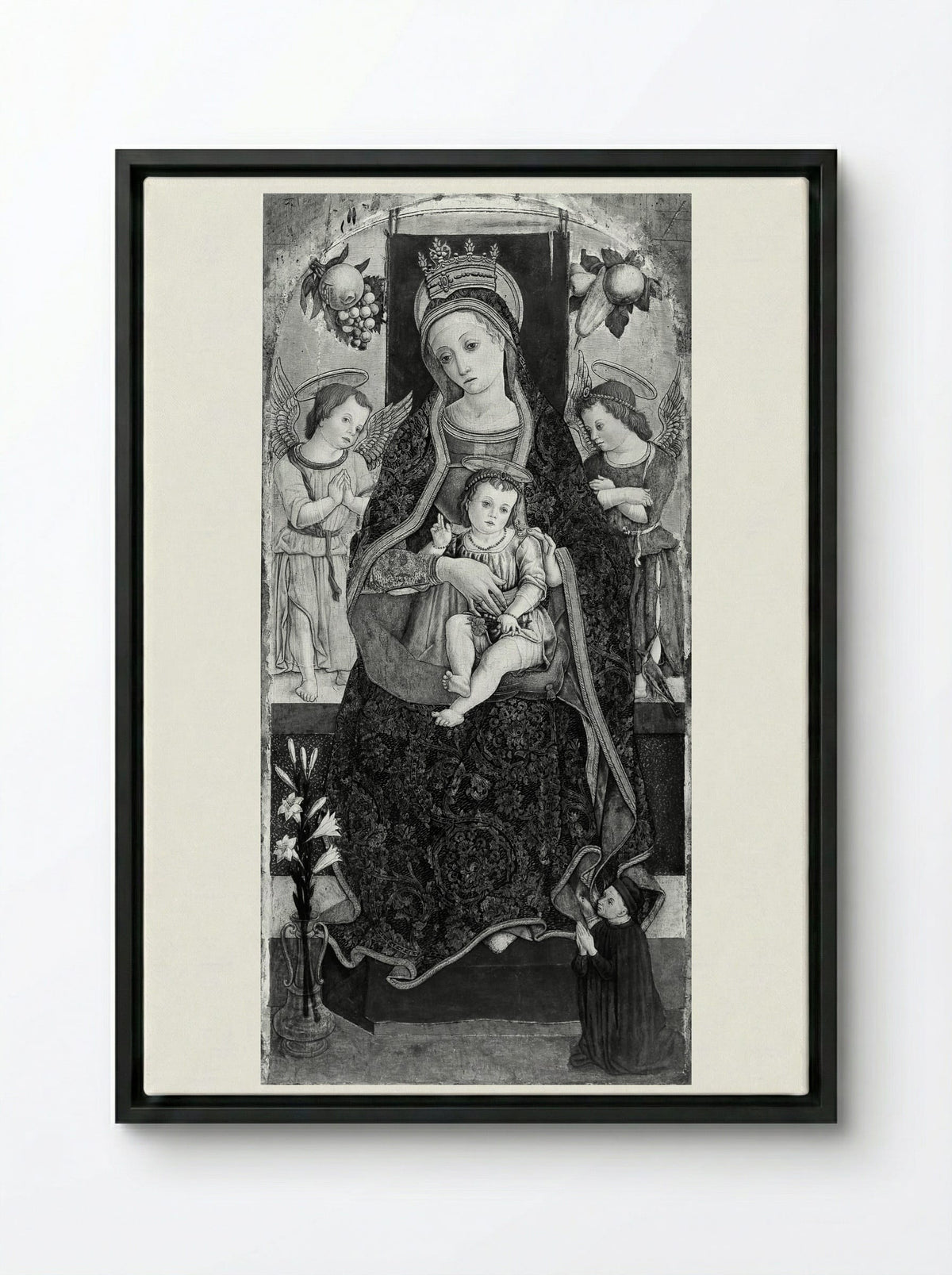 Madonna and Child Enthroned with Two Angels and a Donor - Vittore Crivelli - Framed Canvas Black