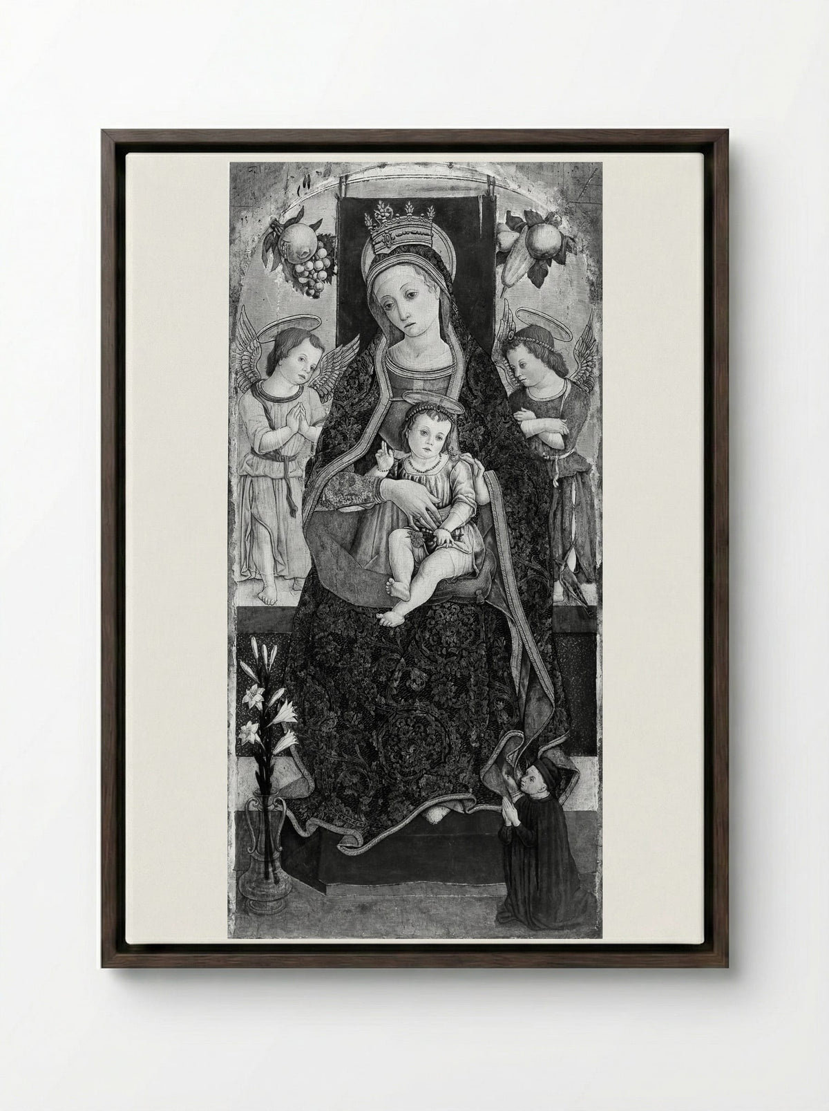 Madonna and Child Enthroned with Two Angels and a Donor - Vittore Crivelli - Framed Canvas Dark Wood