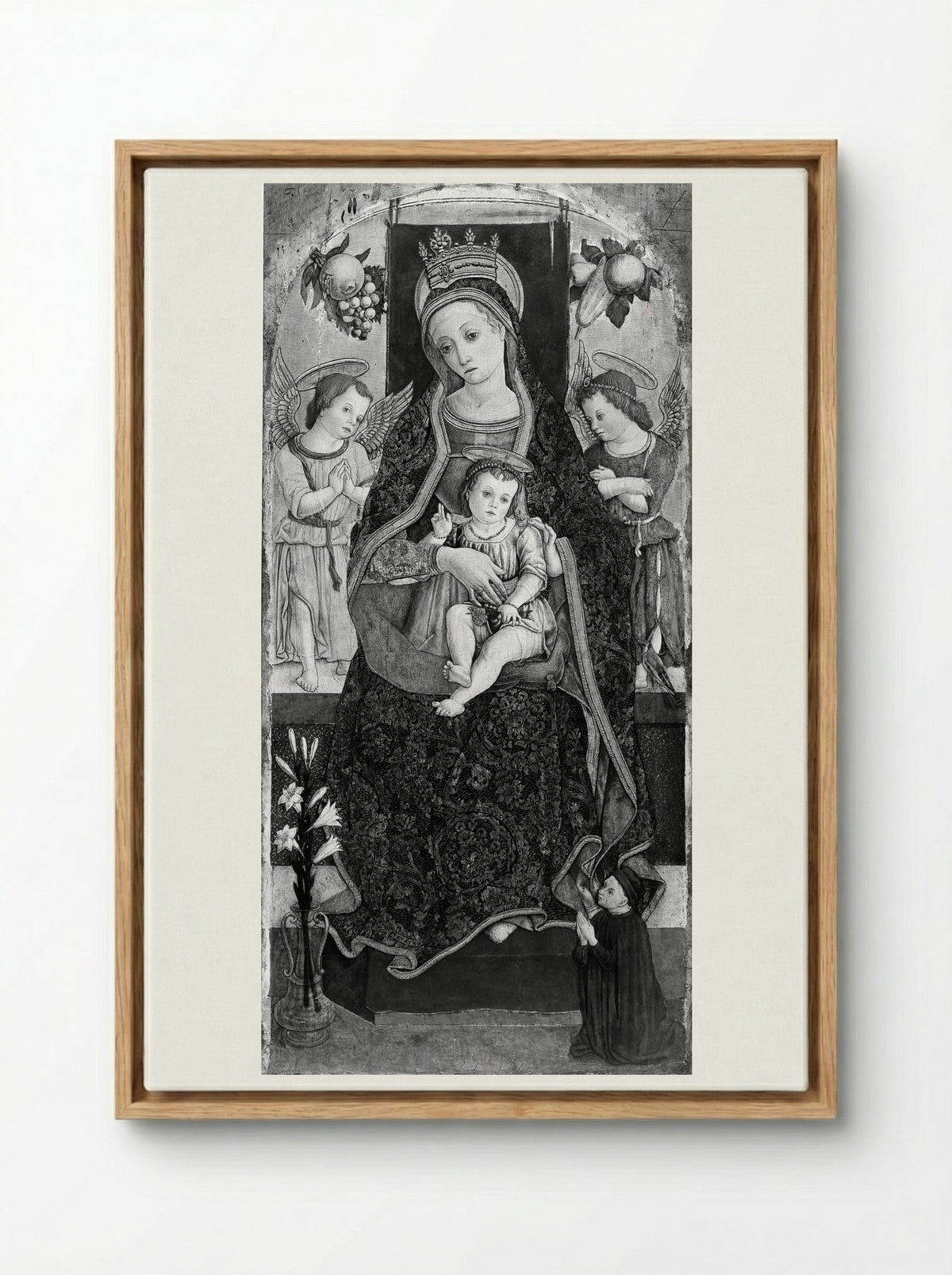 Madonna and Child Enthroned with Two Angels and a Donor - Vittore Crivelli - Framed Canvas Wood