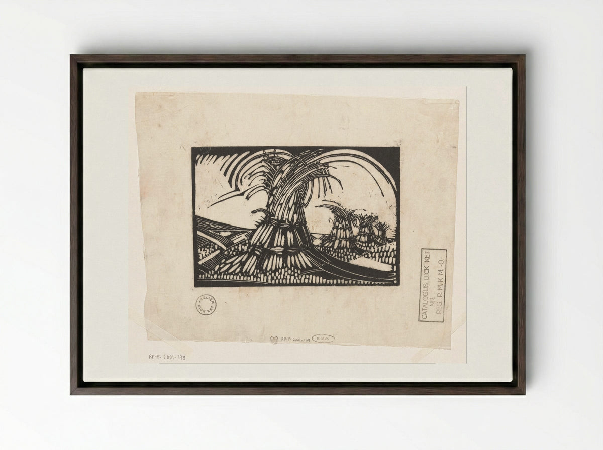 Korenschoven te Ede - Dick Ket - Framed Canvas Dark Wood