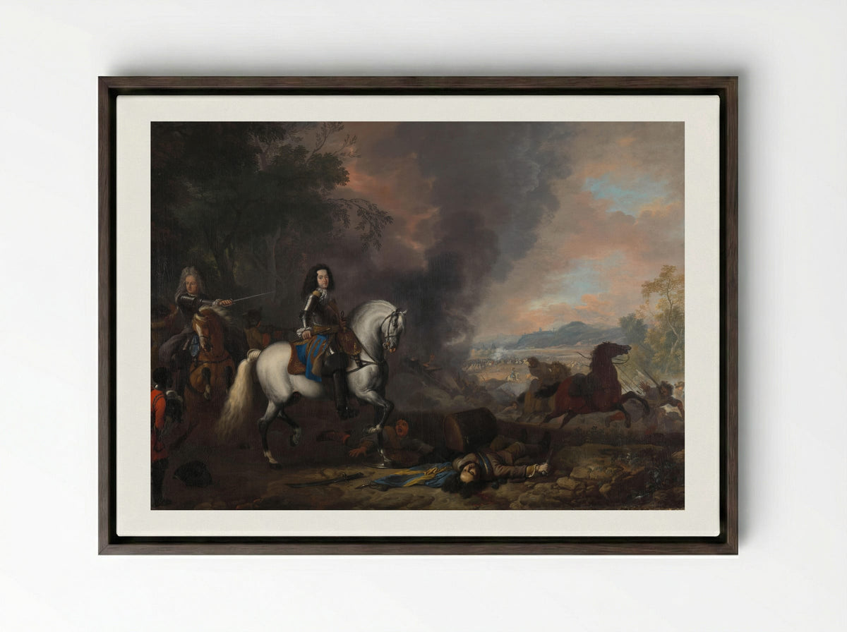 Hendrik Casimir II, Prince of Nassau-Dietz, at a Battle - Jan van Huchtenburg - Framed Canvas Dark Wood