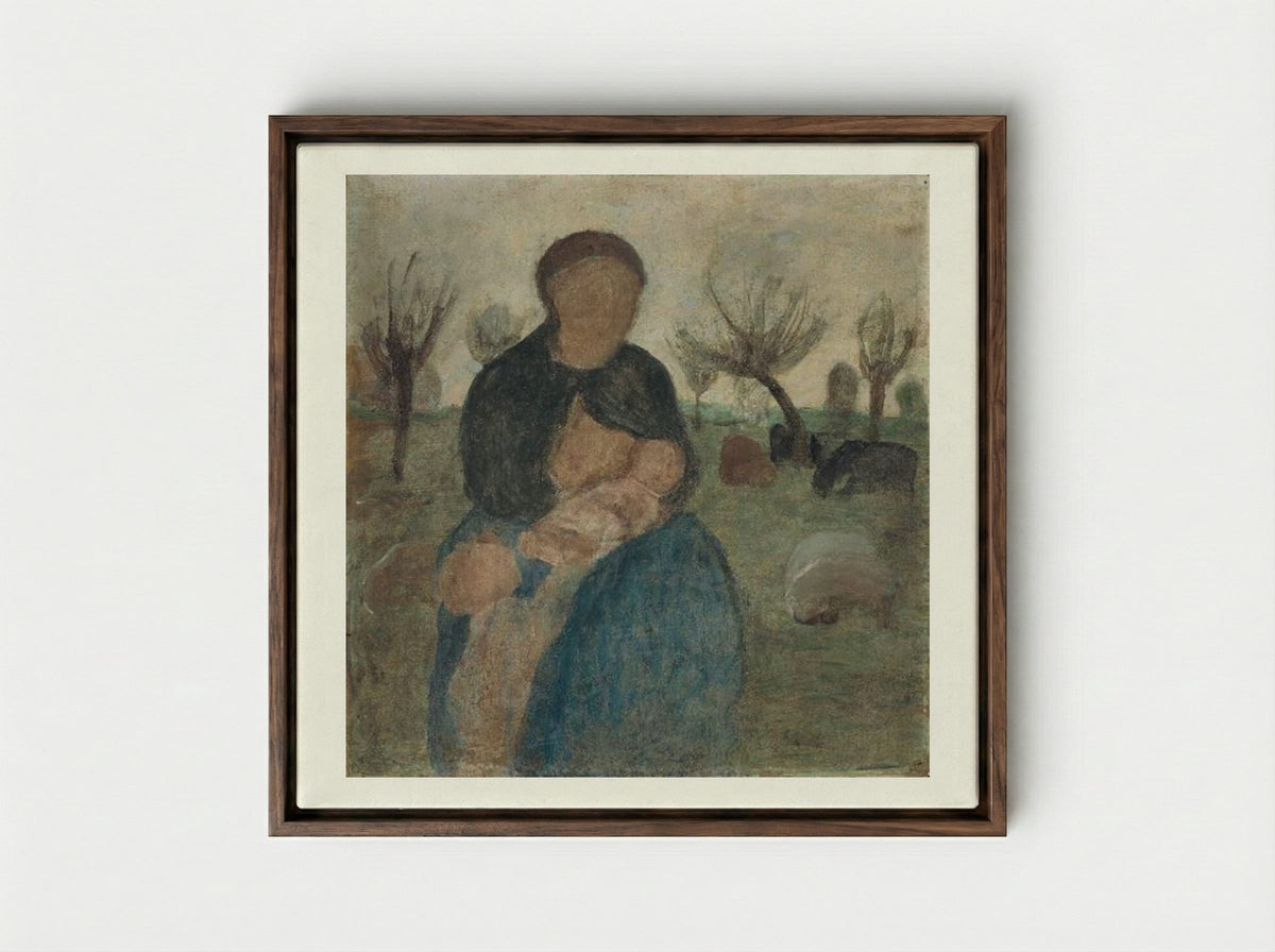 Mother with baby at her breast, and child in landscape - Paula Modersohn-Becker - Framed Canvas Dark Wood