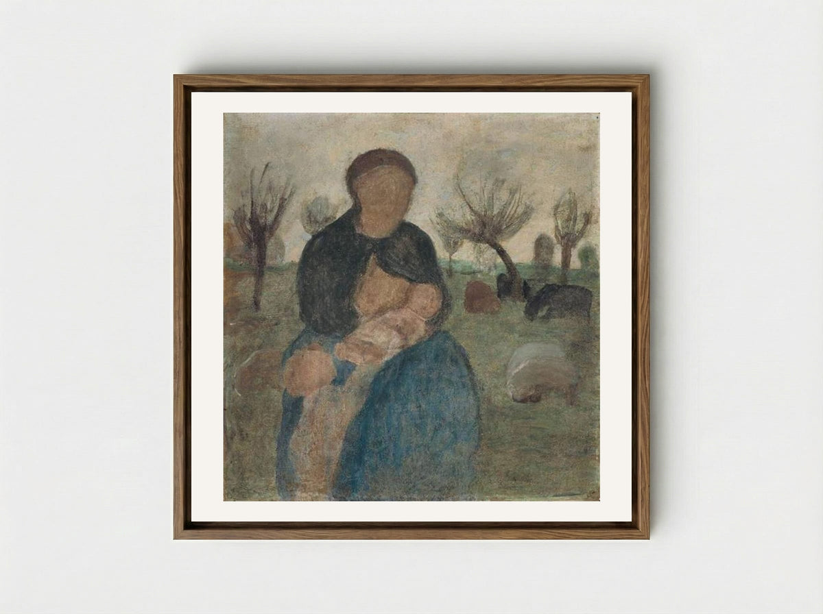 Mother with baby at her breast, and child in landscape - Paula Modersohn-Becker - Framed Canvas Wood