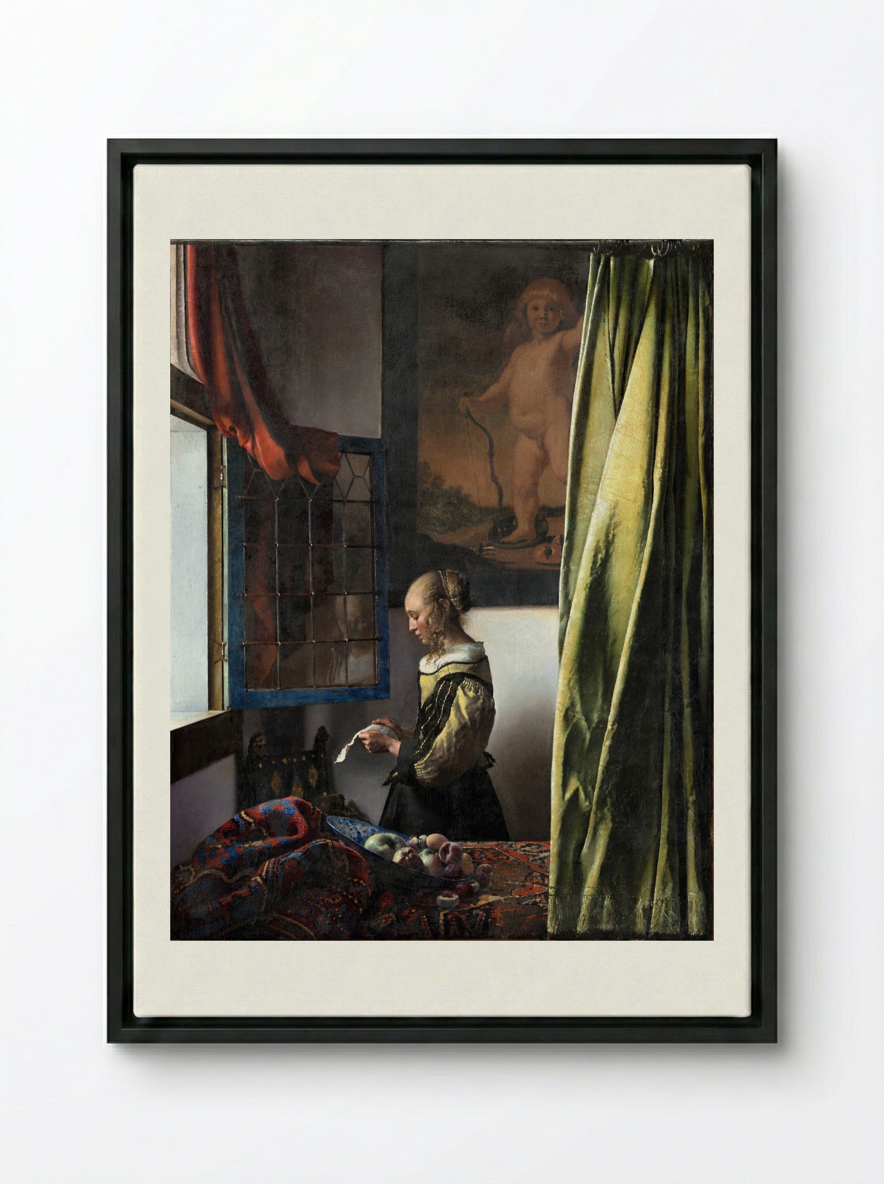 Girl Reading a Letter at an Open Window - Johannes Vermeer - Framed Canvas Black