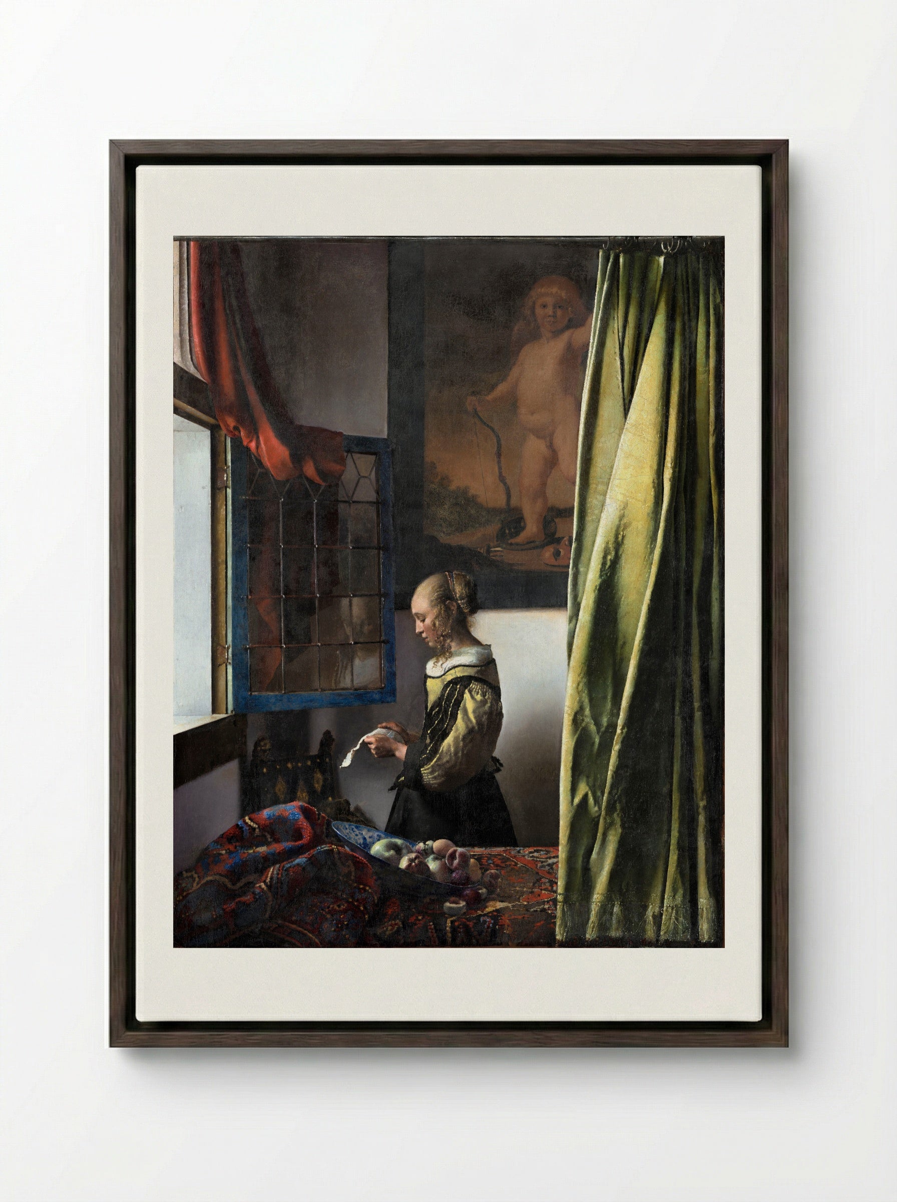Girl Reading a Letter at an Open Window - Johannes Vermeer - Framed Canvas Dark Wood