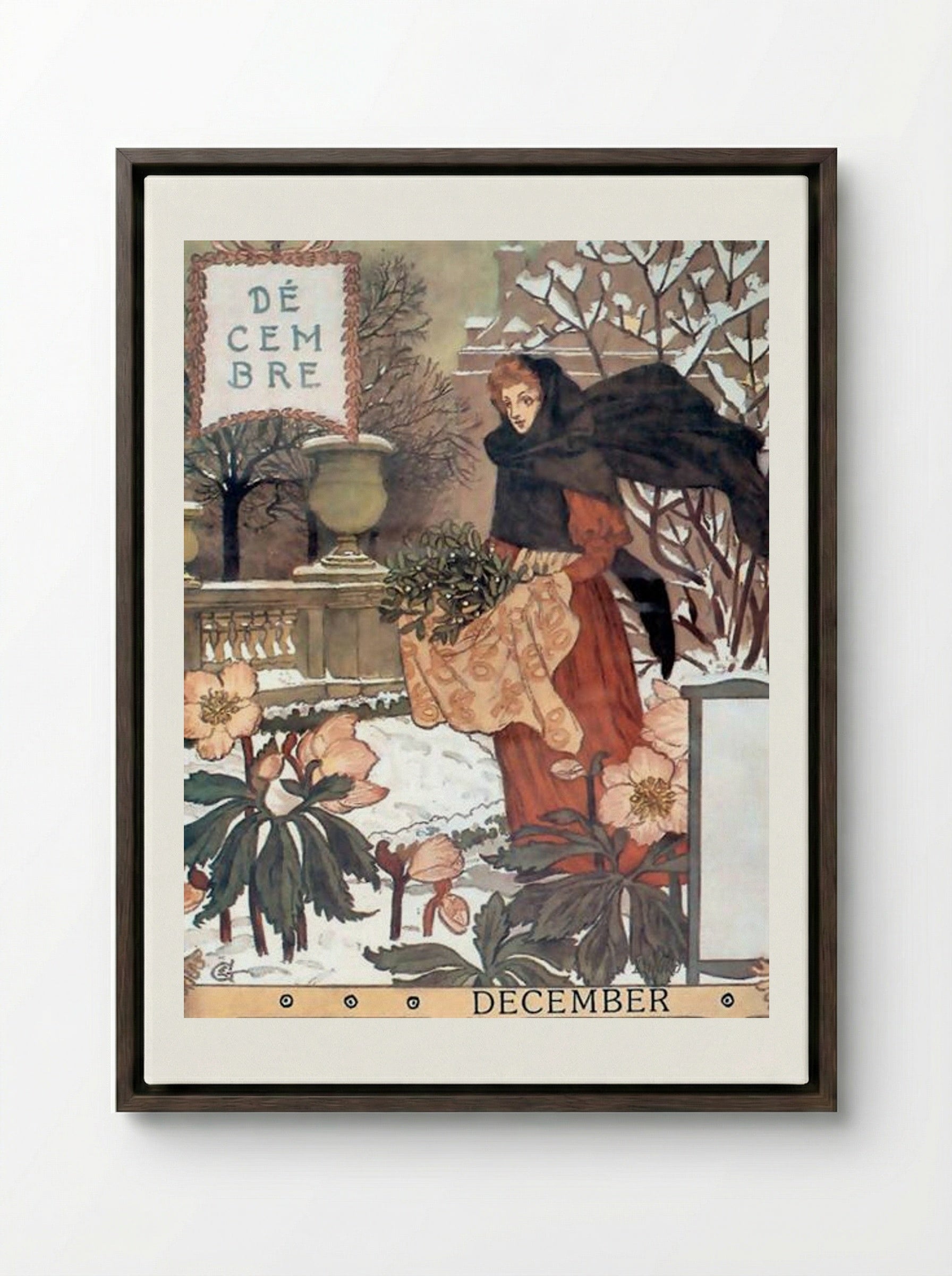 La Belle Jardinière - December - Eugène Grasset - Framed Canvas Dark Wood