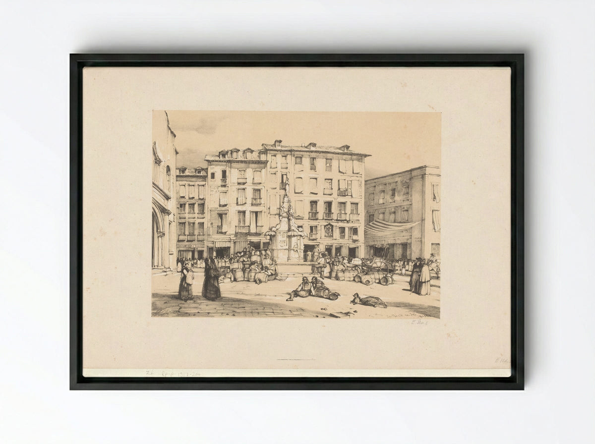 Schetsen van een reis naar Spanje: Puerta del Sol, te Madrid - John Frederick Lewis - Framed Canvas Black
