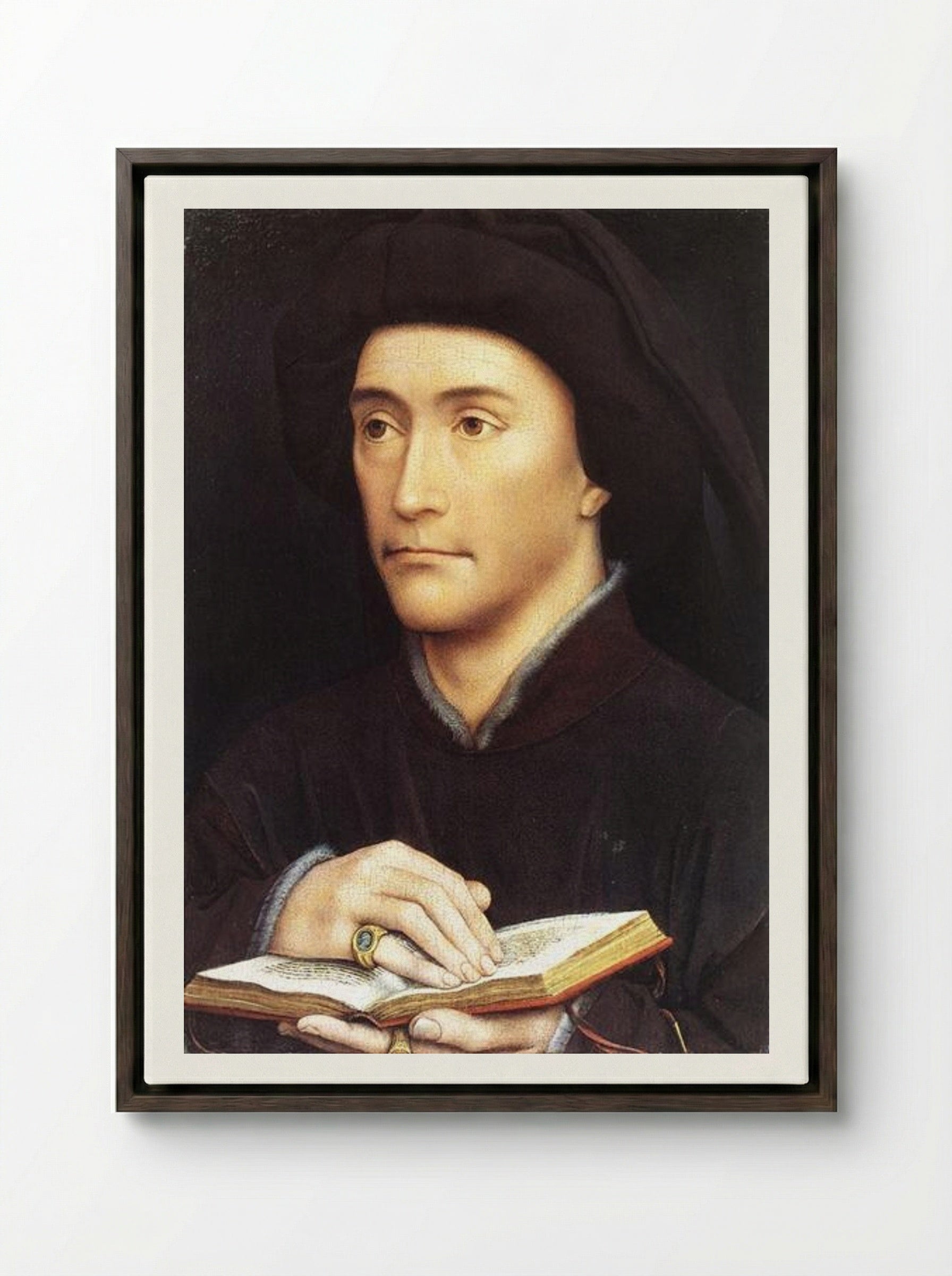 Portrait of a Man with a Book - Rogier van der Weyden - Framed Canvas Dark Wood