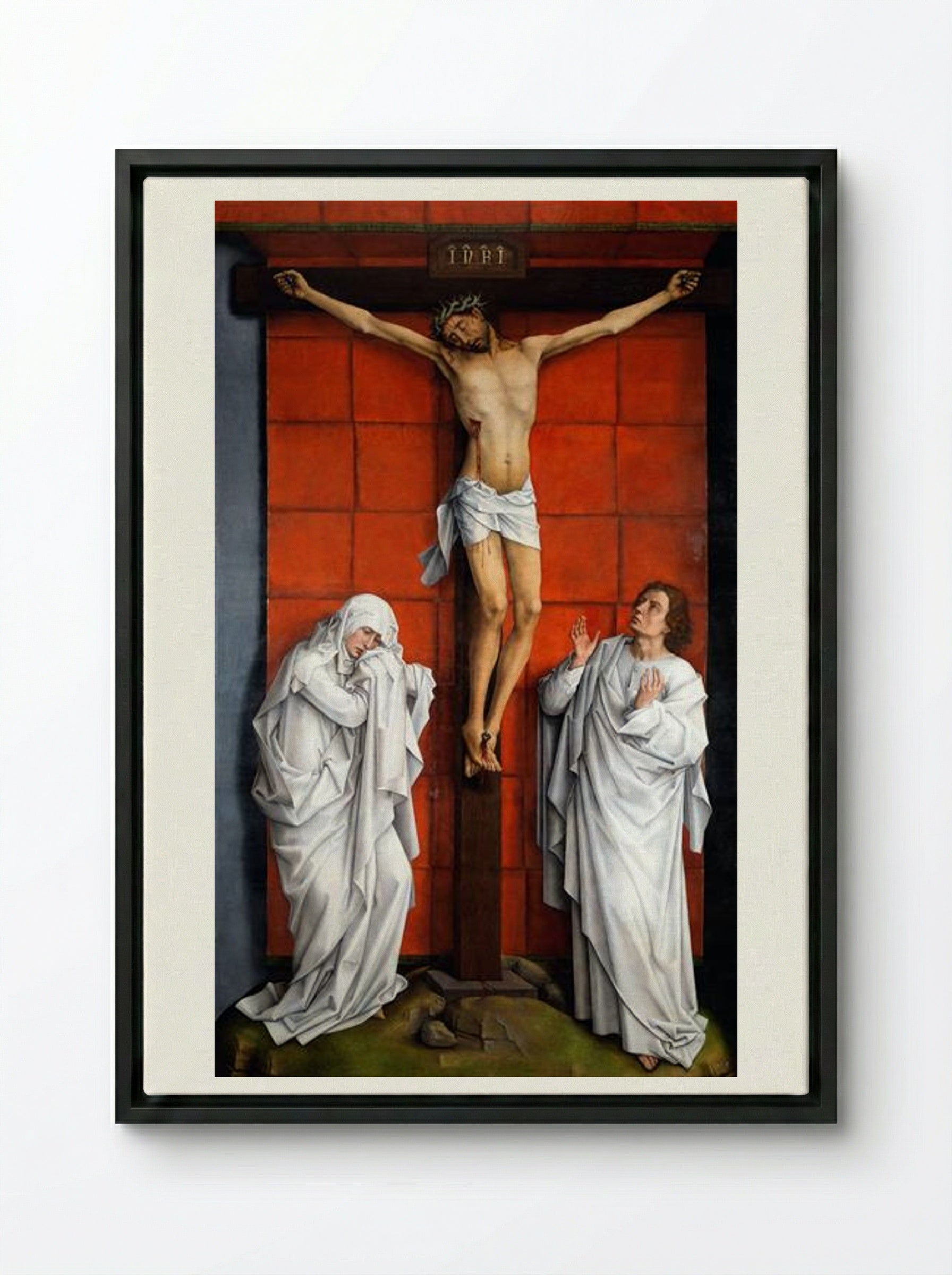 Crucifixion with the Virgin and Saint John the Evangelist - Rogier van der Weyden - Framed Canvas Black