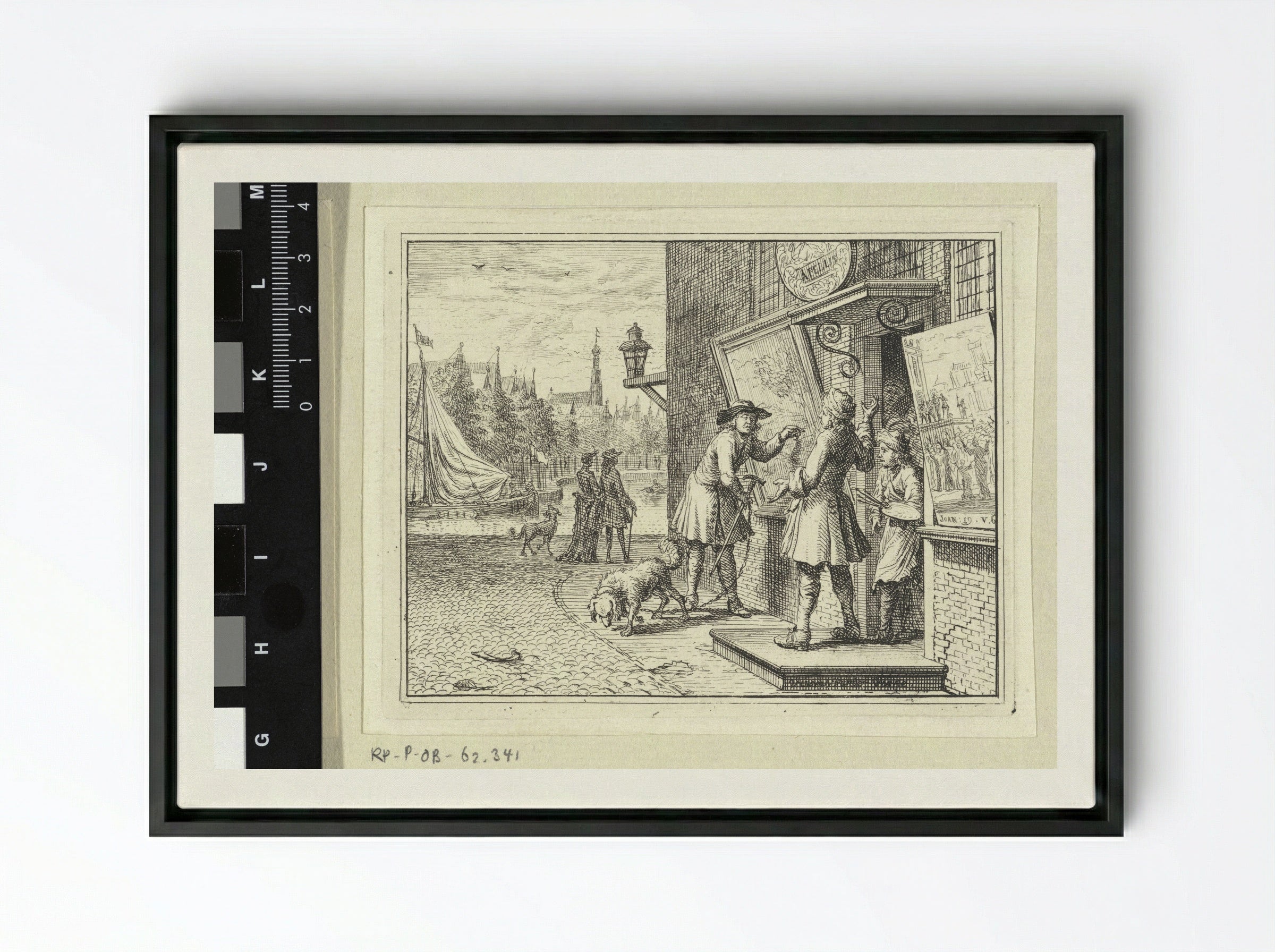 Man Before a Painter's Shop - Vincent Laurensz. van der Vinne (II) - Framed Canvas Black