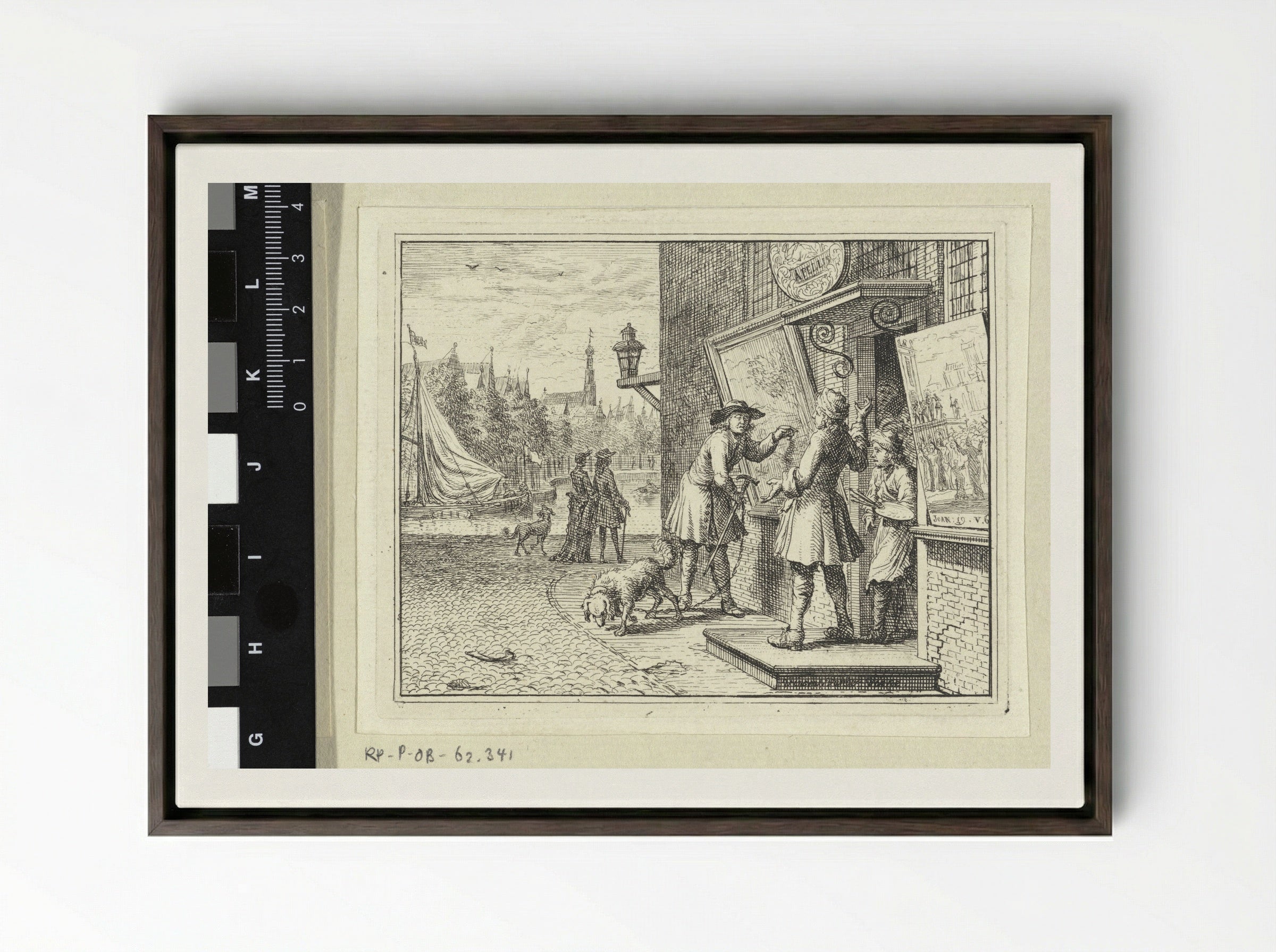 Man Before a Painter's Shop - Vincent Laurensz. van der Vinne (II) - Framed Canvas Dark Wood