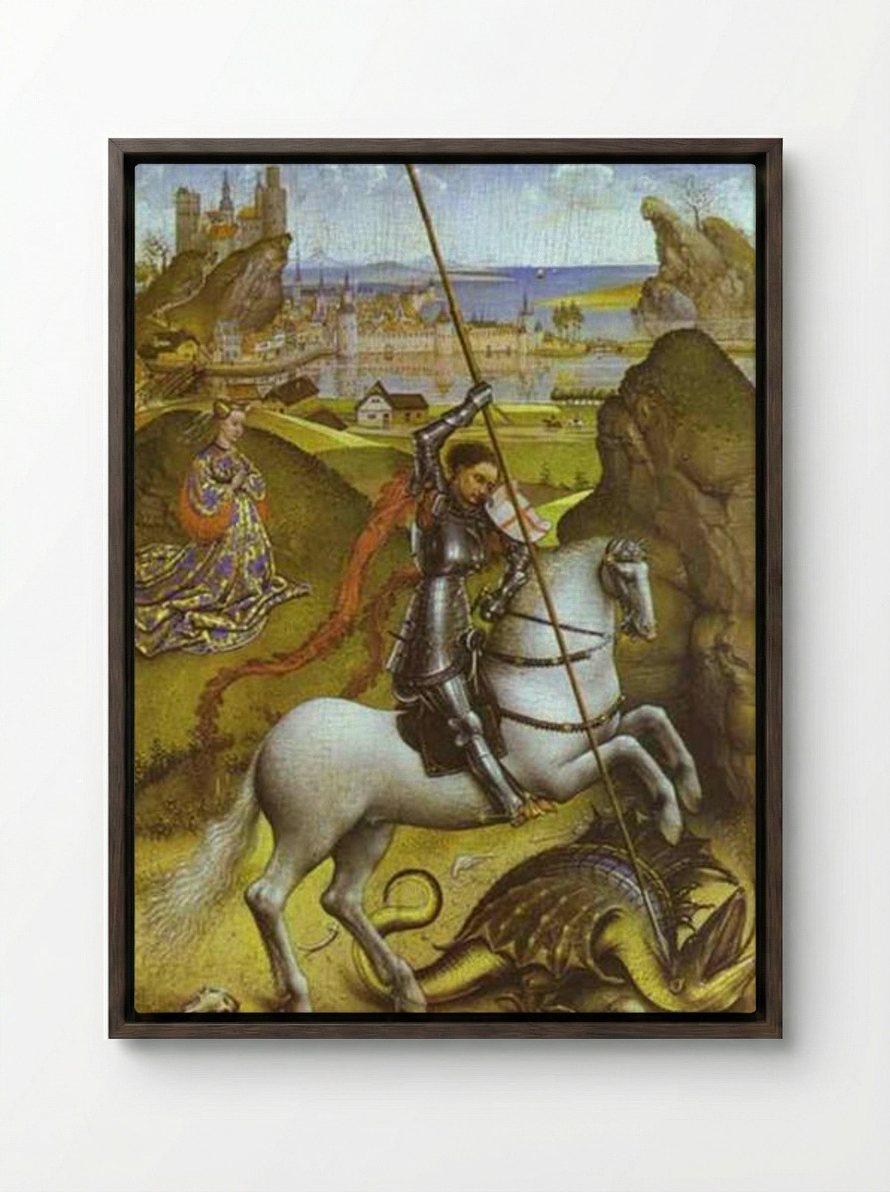 Saint George and the Dragon - Rogier van der Weyden - Framed Canvas Dark Wood