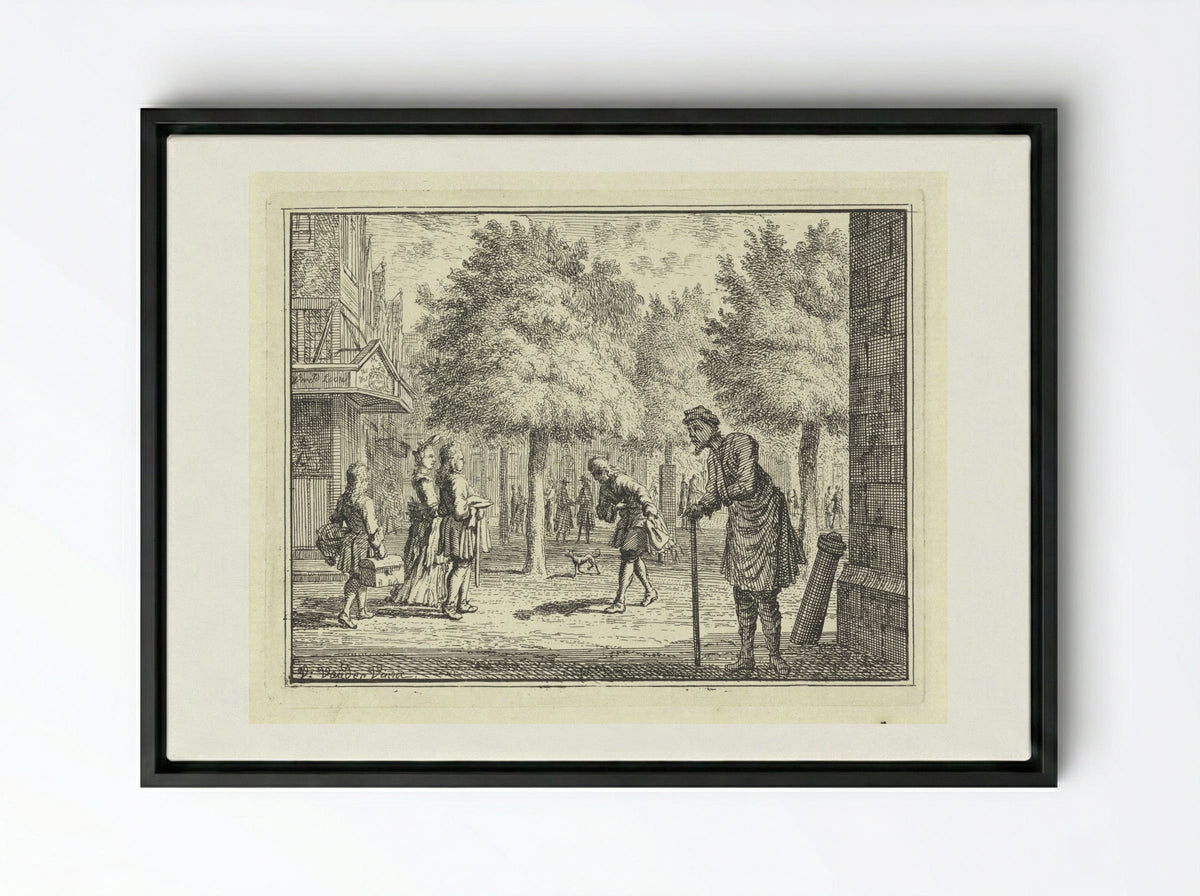 Arme man kijkt naar rijke figuren in een straat - Vincent Laurensz. van der Vinne (II) - Framed Canvas Black