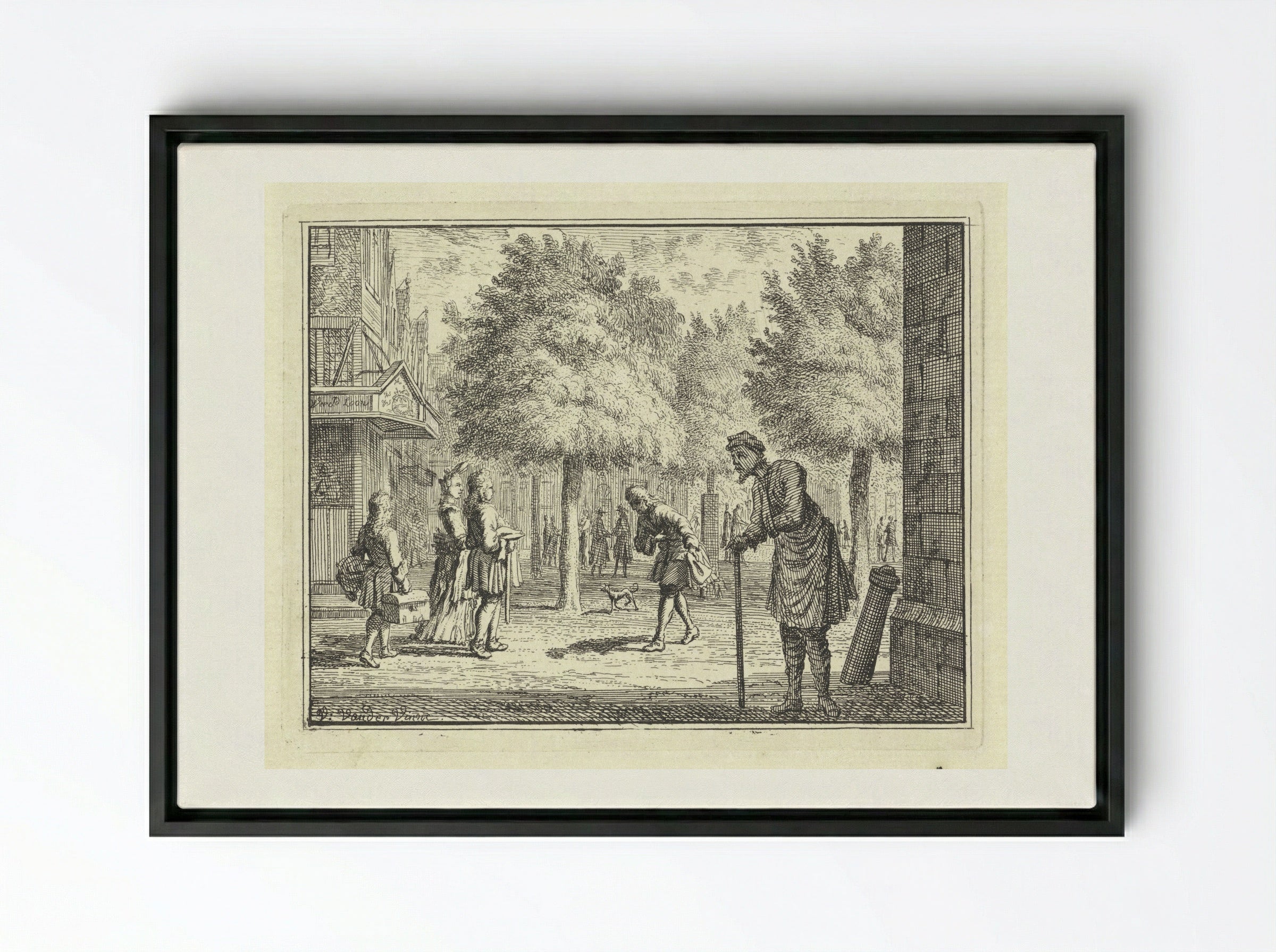 Arme man kijkt naar rijke figuren in een straat - Vincent Laurensz. van der Vinne (II) - Framed Canvas Black