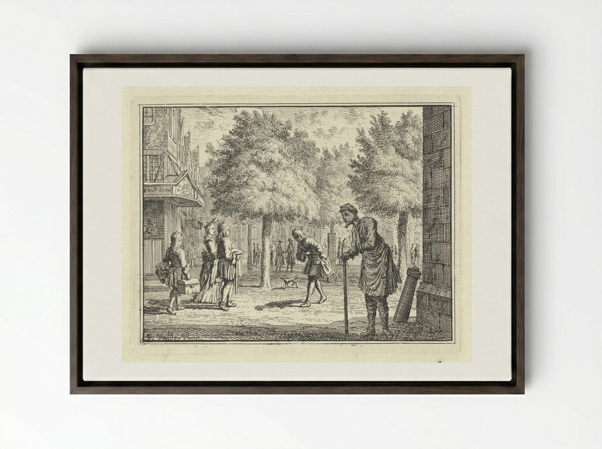 Arme man kijkt naar rijke figuren in een straat - Vincent Laurensz. van der Vinne (II) - Framed Canvas Dark Wood