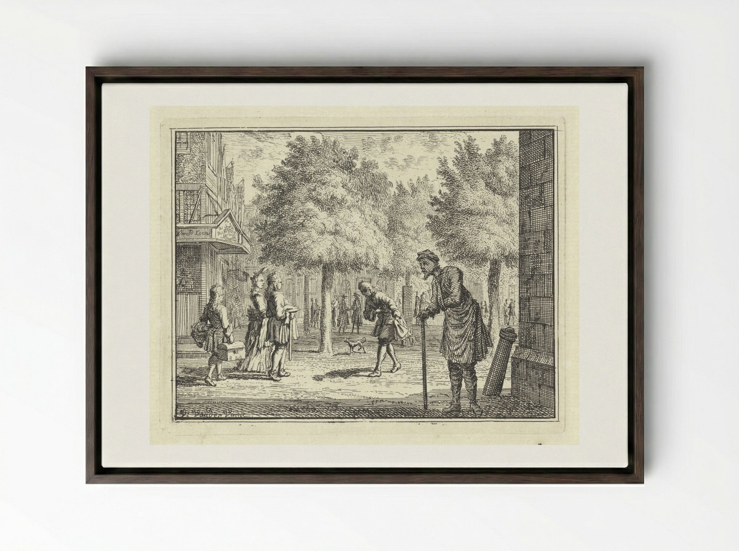 Arme man kijkt naar rijke figuren in een straat - Vincent Laurensz. van der Vinne (II) - Framed Canvas Dark Wood