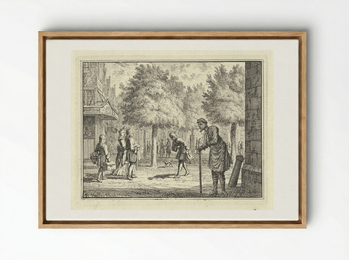 Arme man kijkt naar rijke figuren in een straat - Vincent Laurensz. van der Vinne (II) - Framed Canvas Wood