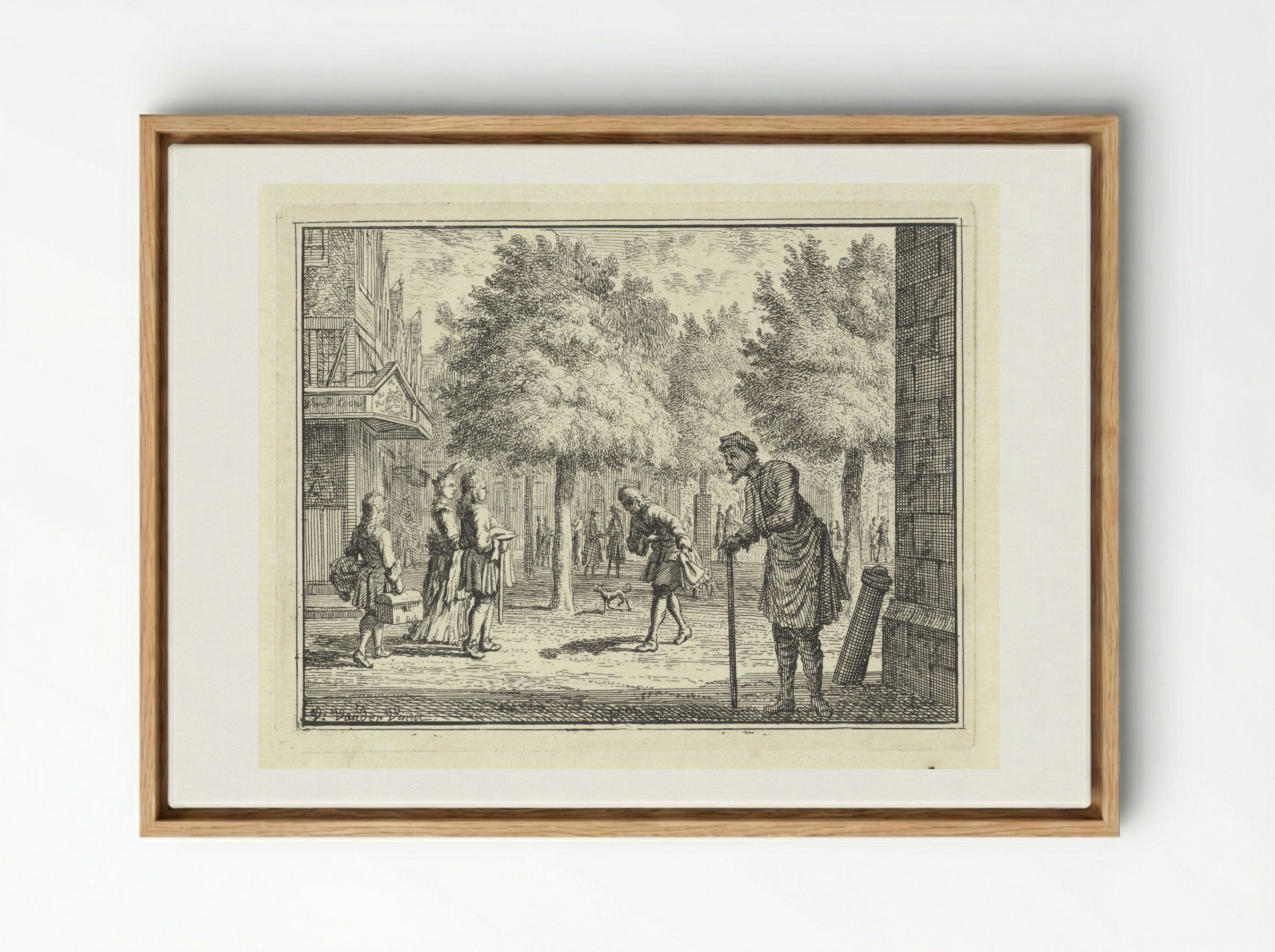Arme man kijkt naar rijke figuren in een straat - Vincent Laurensz. van der Vinne (II) - Framed Canvas Wood
