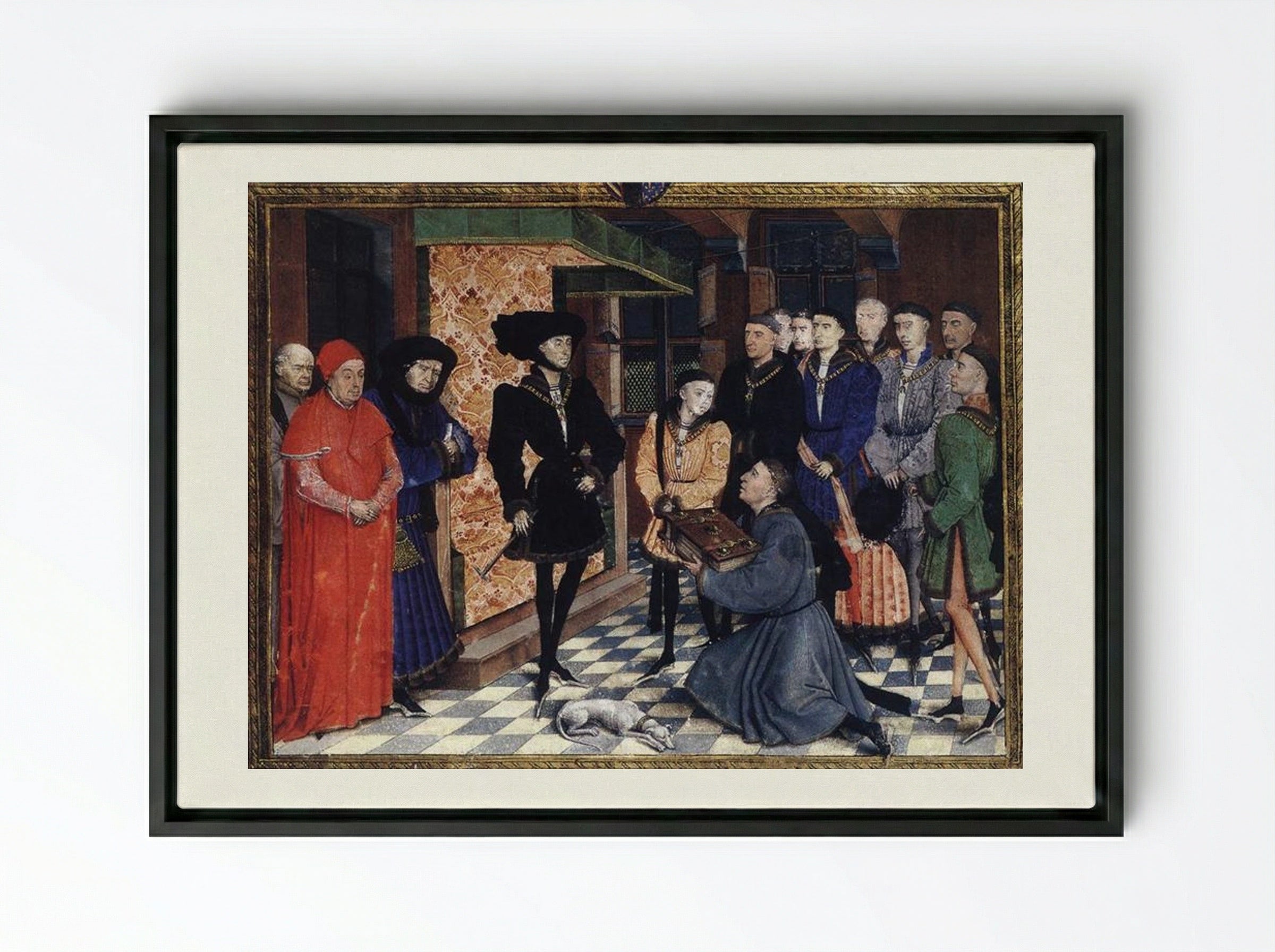 Miniature from the first page of the Chroniques de Hainaut - Rogier van der Weyden - Framed Canvas Black