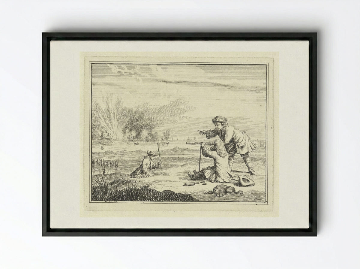 Figuren met een verrekijker slaan een zeeslag gade - Vincent Laurensz. van der Vinne (II) - Framed Canvas Black
