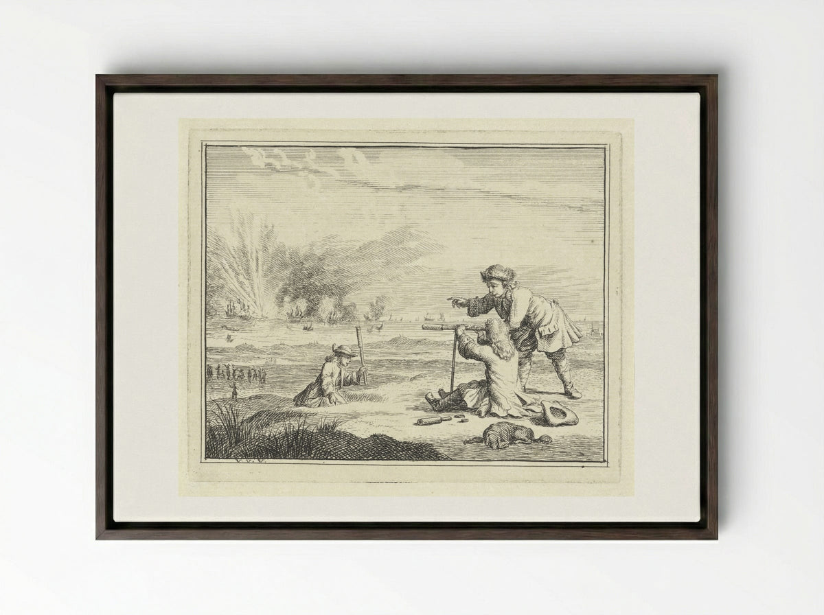 Figuren met een verrekijker slaan een zeeslag gade - Vincent Laurensz. van der Vinne (II) - Framed Canvas Dark Wood
