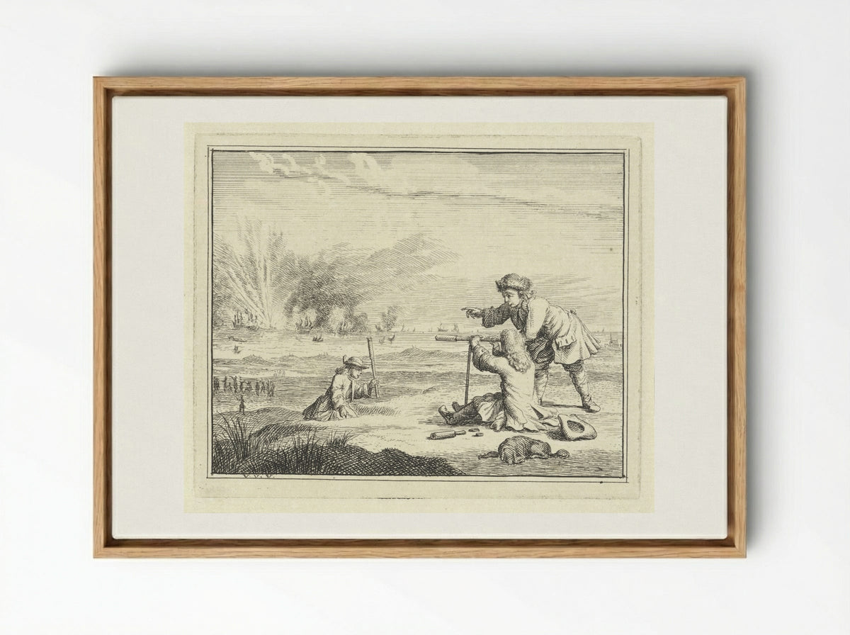 Figuren met een verrekijker slaan een zeeslag gade - Vincent Laurensz. van der Vinne (II) - Framed Canvas Wood