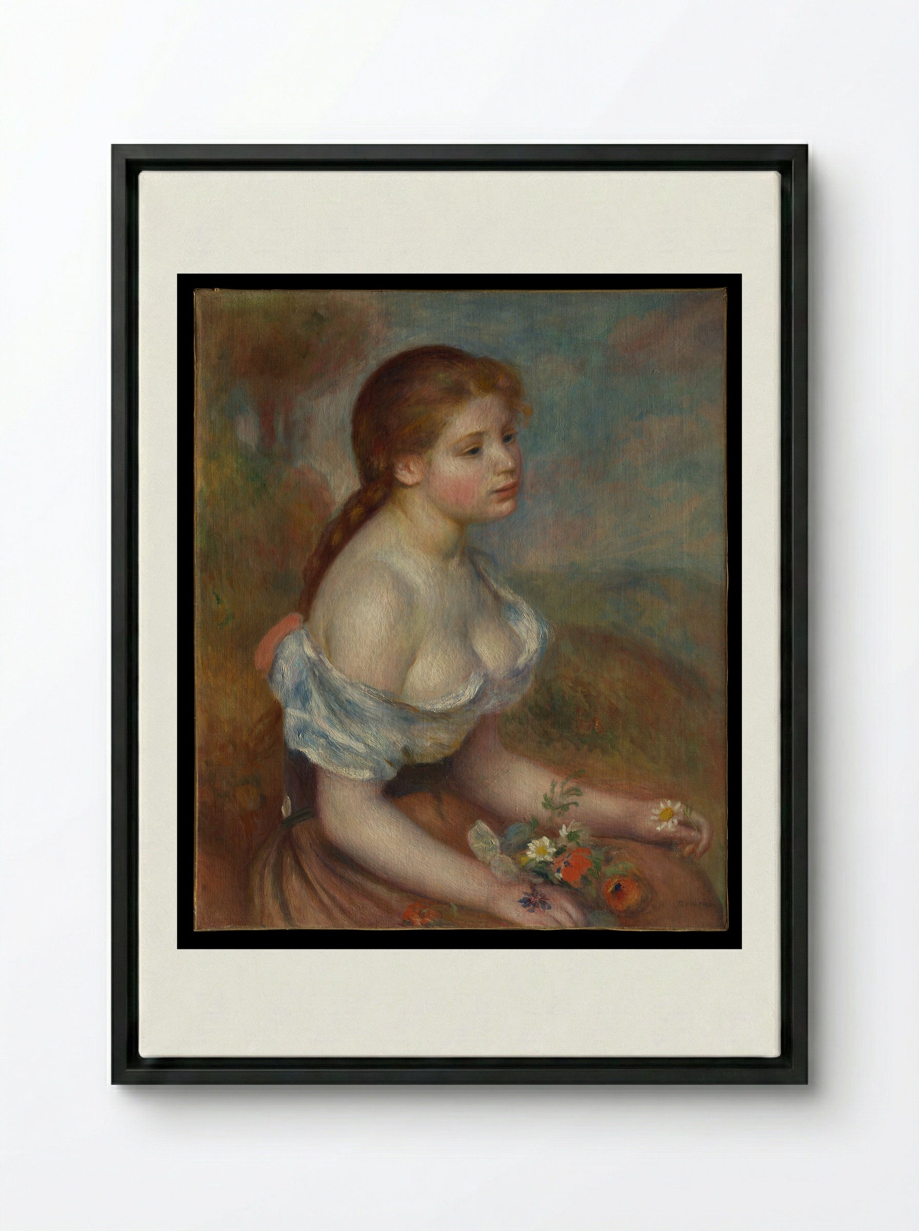 A Young Girl with Daisies - Auguste Renoir - Framed Canvas Black