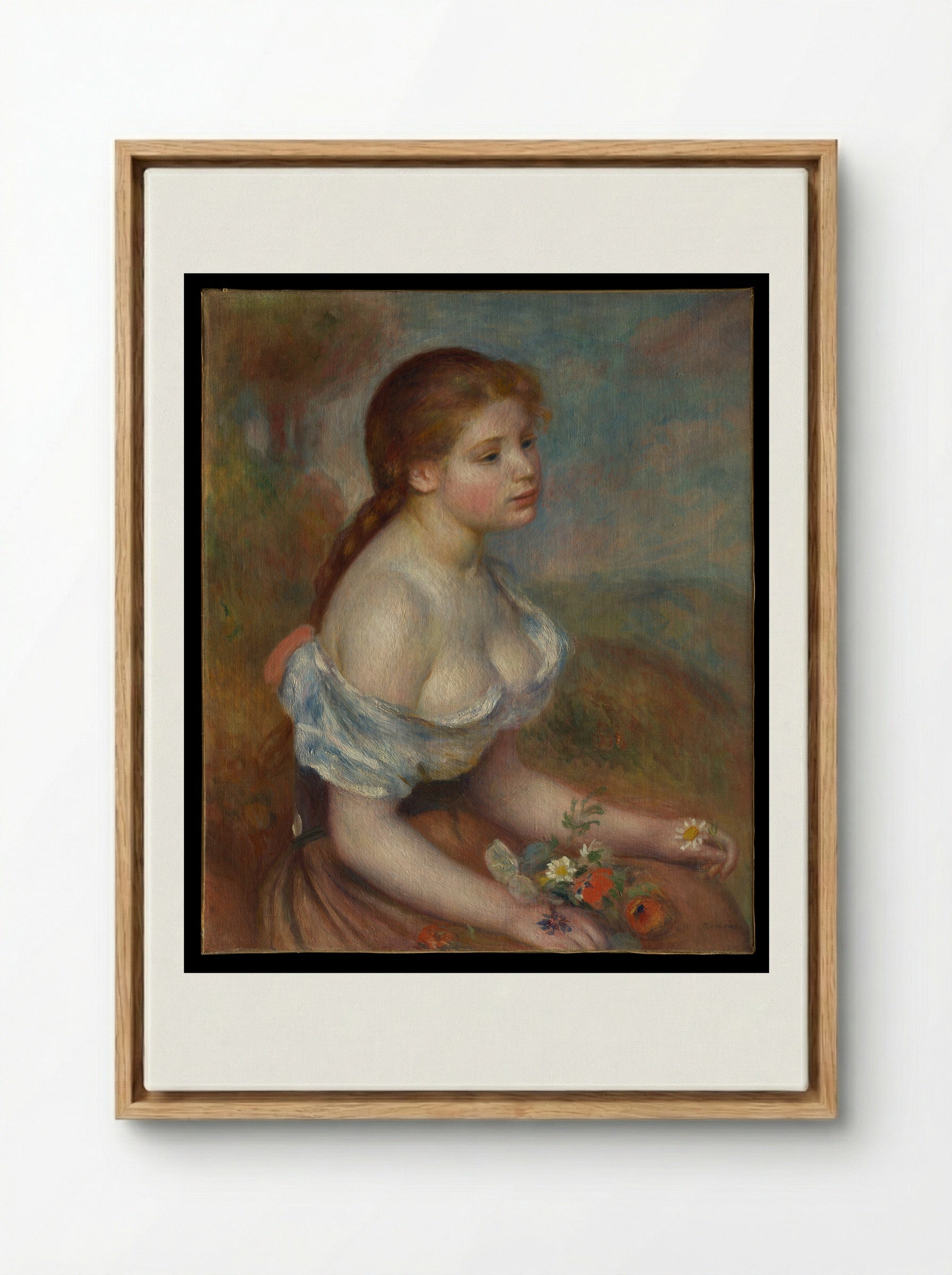 A Young Girl with Daisies - Auguste Renoir - Framed Canvas Wood