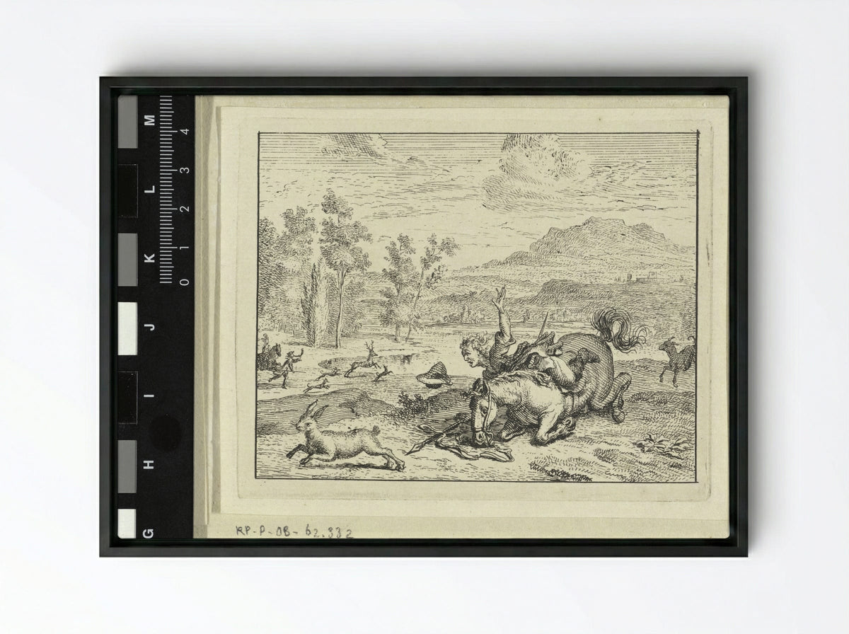 Jager valt van zijn paard (Hunter Falling from his Horse) - Vincent Laurensz. van der Vinne (II) - Framed Canvas Black